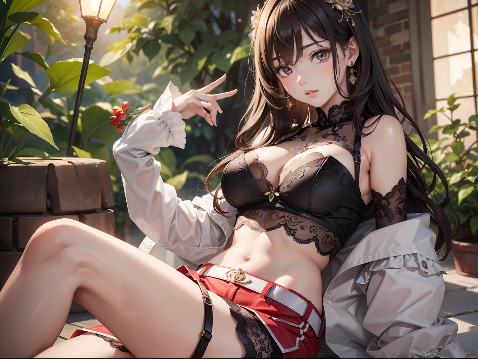 tmasterpiece,Best quality at best,Beautiful quality,Photorealsitic,looking at viewert,Detailed lighting,Extremely detailed skin,Extremely detailed hair,shadowing,8K:1.2,1girll,Short top,Lace shorts