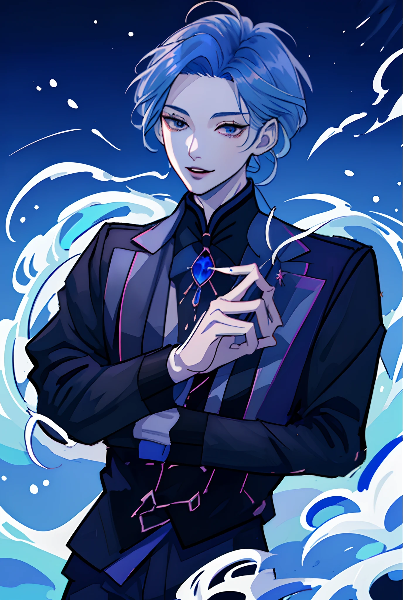 Moonlight behind, Standing by the seaside, Man with light blue hair, inspired by Sim Sa-jeong, nixeu and sakimichan, Inspired by Wang Duo, Morgoth, inspired by Bian Shoumin, Virtual Self, looking this way, inspired by Gang Se-hwang, inspired by jeonseok lee, Tumbler, high-level image quality、 beautiful male、tall、window、𝓡𝓸𝓶𝓪𝓷𝓽𝓲𝓬、Korean Male, k pop, Professional Photos, Vampires, À la Fed Man with Necklace, inspired by Sim Sa-jeong, androgynous vampire, :9 detailed face: 8, extra detailed face, ((eyes are brown)) baggy eyes, Seductive. Highly detailed, semi realistic anime, Vampires, hyperrealistic teen, delicate androgynous prince, imvu, With bangs, long, Mushroom hair, Rounded hairstyle, Korean style hairstyle, Gentle expression, Smiling expression, Cool pose, Korean fashion with white chest plate visible Y-shirt and black pants