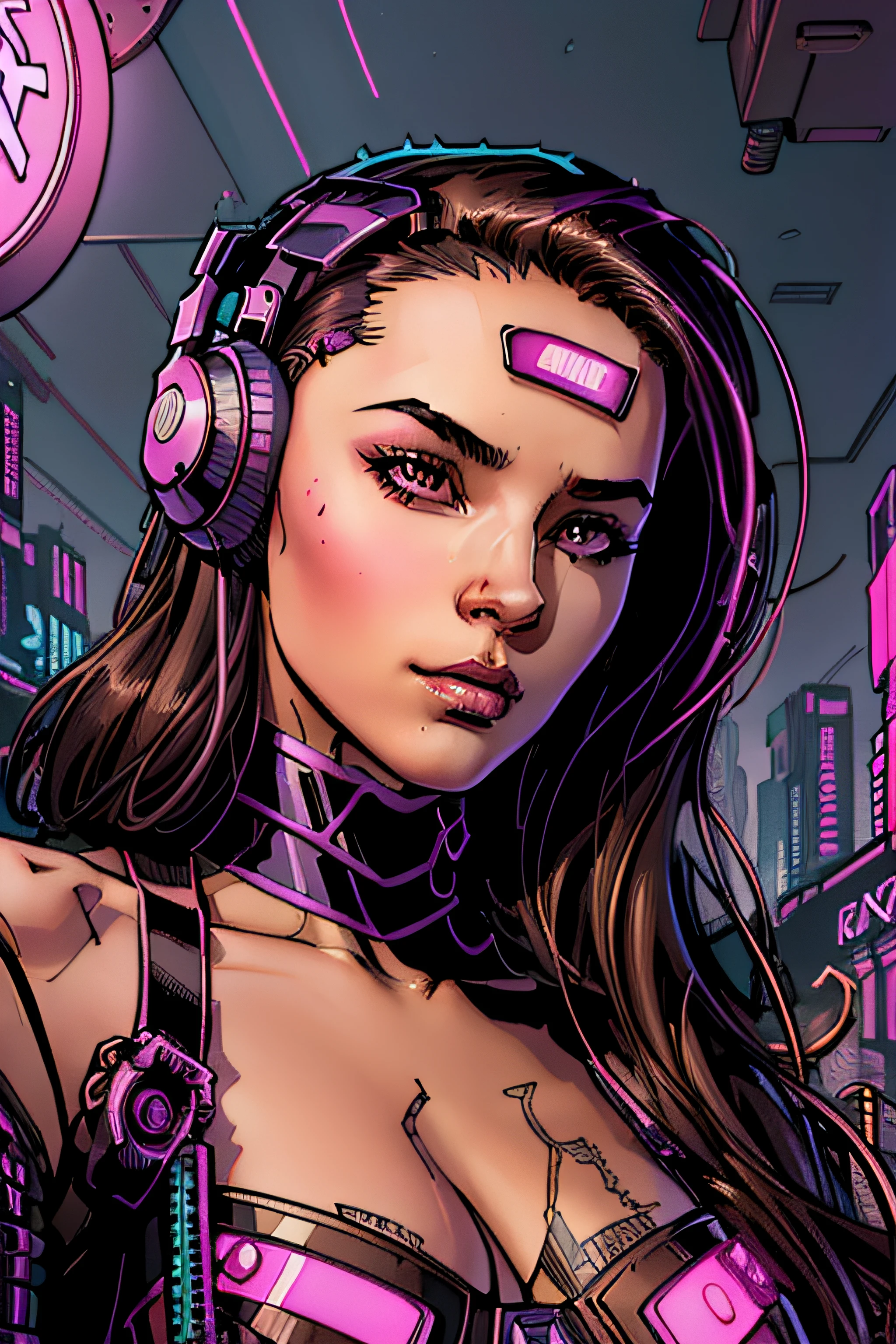 Girl with messy long black hair and brown eyes, vibrant brown eyes, with headphones in Neon City at night, RossDraw Vibrant Cartoon, digital cyberpunk anime art, cyberpunk art style, glowwave girl portrait, bright cyberpunk glow, cyberpunk anime art, Ross Tran 8 K, Cyberpunk Artstyle, Wojtek Fus, cyberpunk anime art, Lois van Baarle and Rossdraws,  the portrait of cyberpunk girl, Neon Cyberpunk, Jen Bartel