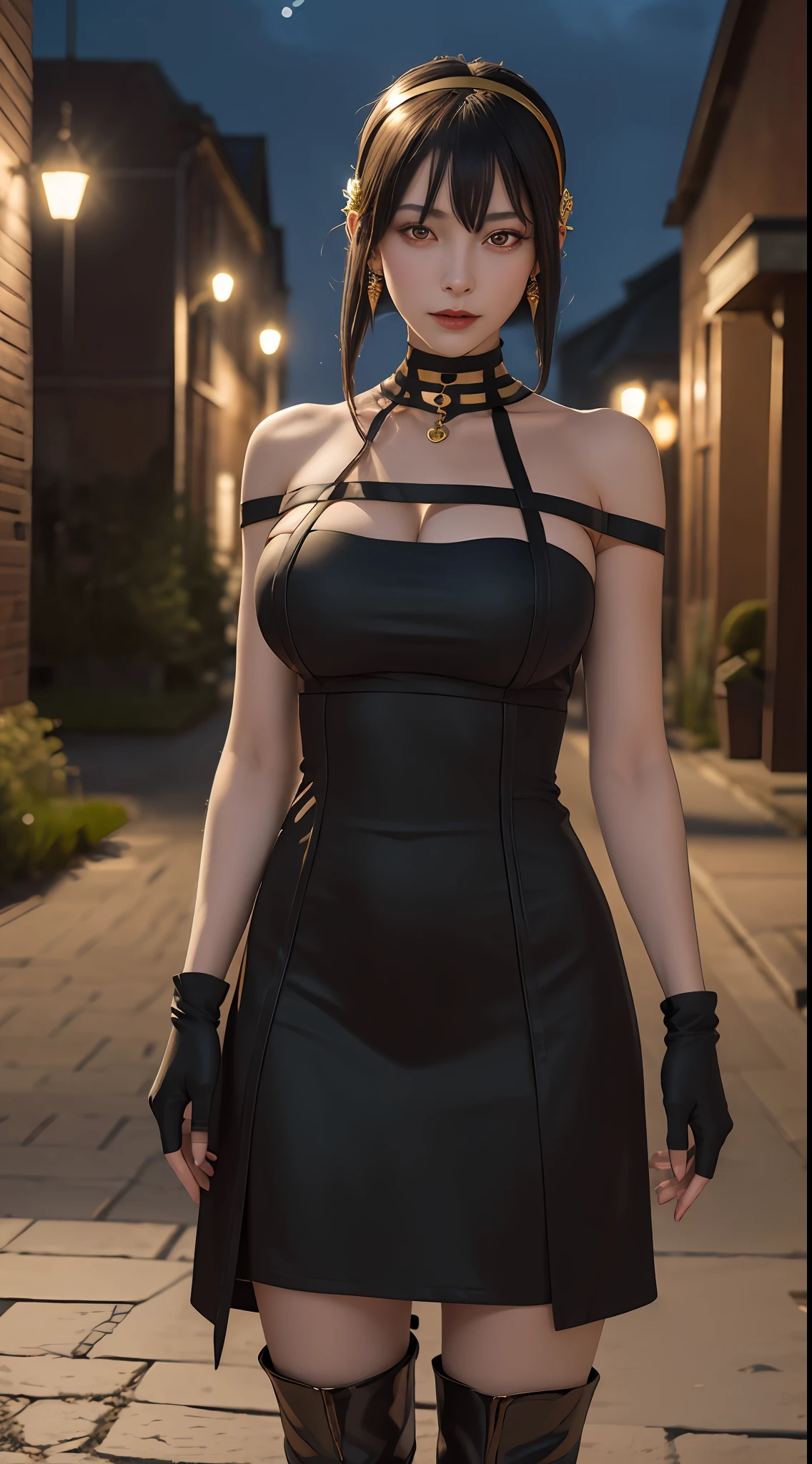 masterpiece, best quality, highres, aayorf, sidelocks, gold hairband, hair ornament, red eyes, gold earring, large breasts, choker, bare shoulders, black dress, two-sided dress, fingerless gloves, thigh boots, cowboy shot, standing, looking at viewer, outdoors, night