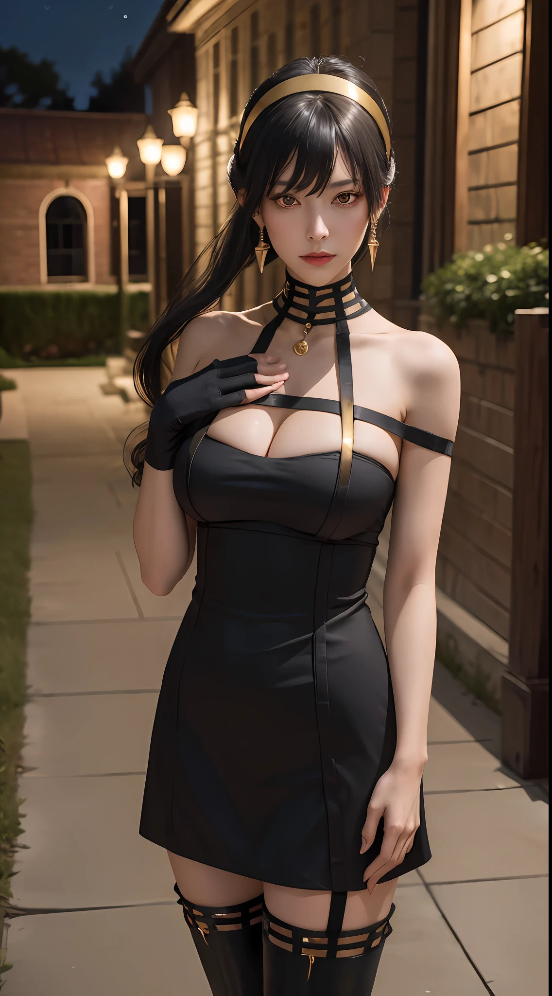 masterpiece, best quality, highres, aayorf, sidelocks, gold hairband, hair ornament, red eyes, gold earring, large breasts, choker, bare shoulders, black dress, two-sided dress, fingerless gloves, thigh boots, cowboy shot, standing, looking at viewer, outdoors, night
