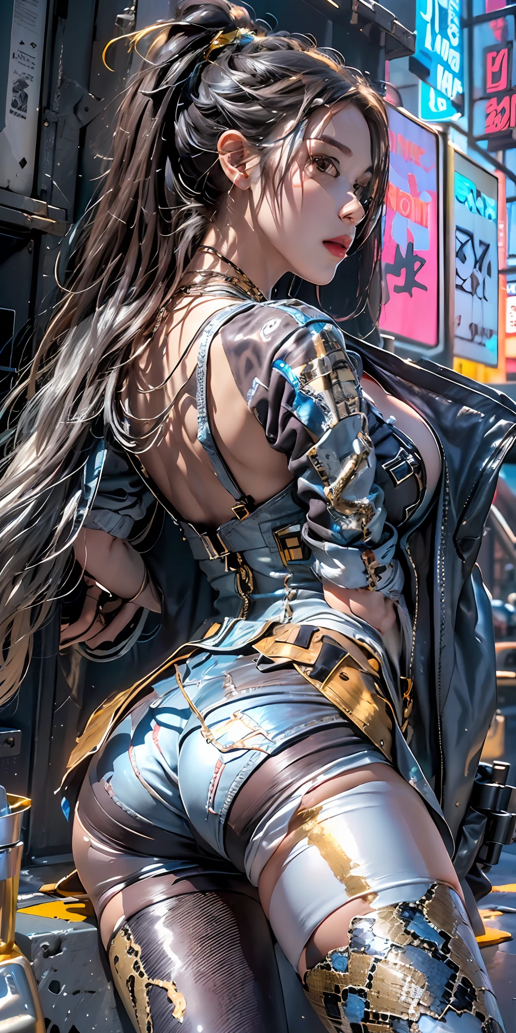 Incredibly detailed cyberpunk robotic chrome tight outfit, highly detailed futuristic with many studded textures, (((snake pattern graphics))), (((close up portrait shot of girl lying down legs bent))), (((photorealistic and perfect butt long perfect legs))), ((translucent jean jacket with prints)), ((chrome VR futuristic sci-fi goggles)), thick gold chain jewellery, boots, ripped net pantyhose, translucency, prismatic, reflective, ((extremely busy New York City streets with cars and people and neon tube lit street signs and vibrant graffiti all over walls)), ((ultra cool short hairstyle)), ((many thick gold chain necklaces)), filled with tattoos all over body, rim lighting, large size natural breasts, entire image is highly intricate and detailed, (()), ((chrome silver and leather skulls)), (((lots of studs on clothes))), ((graffiti)), (((sultry cool facial expression))), ((perfect radiant skin color)), ((super colourful)), (((cinematic day time and natural sunlight))), (((precious colored cut stones))), ((woman’s fashion hand bag))
