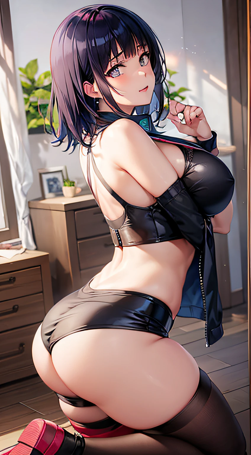 tmasterpiece, High- sharpness, high high quality, 详细的脸, detailed body render, 1girl, 独奏, hyuga hyuga, Hinata sleeveless clothing,big cleavage breasts,, sleeveless shirts, Fishing net clothing, Dark lips, Unzipped jacket, no brassiere, breasts out,,Kneeling pose, Be red in the face,Leaky ass (on bedroom)