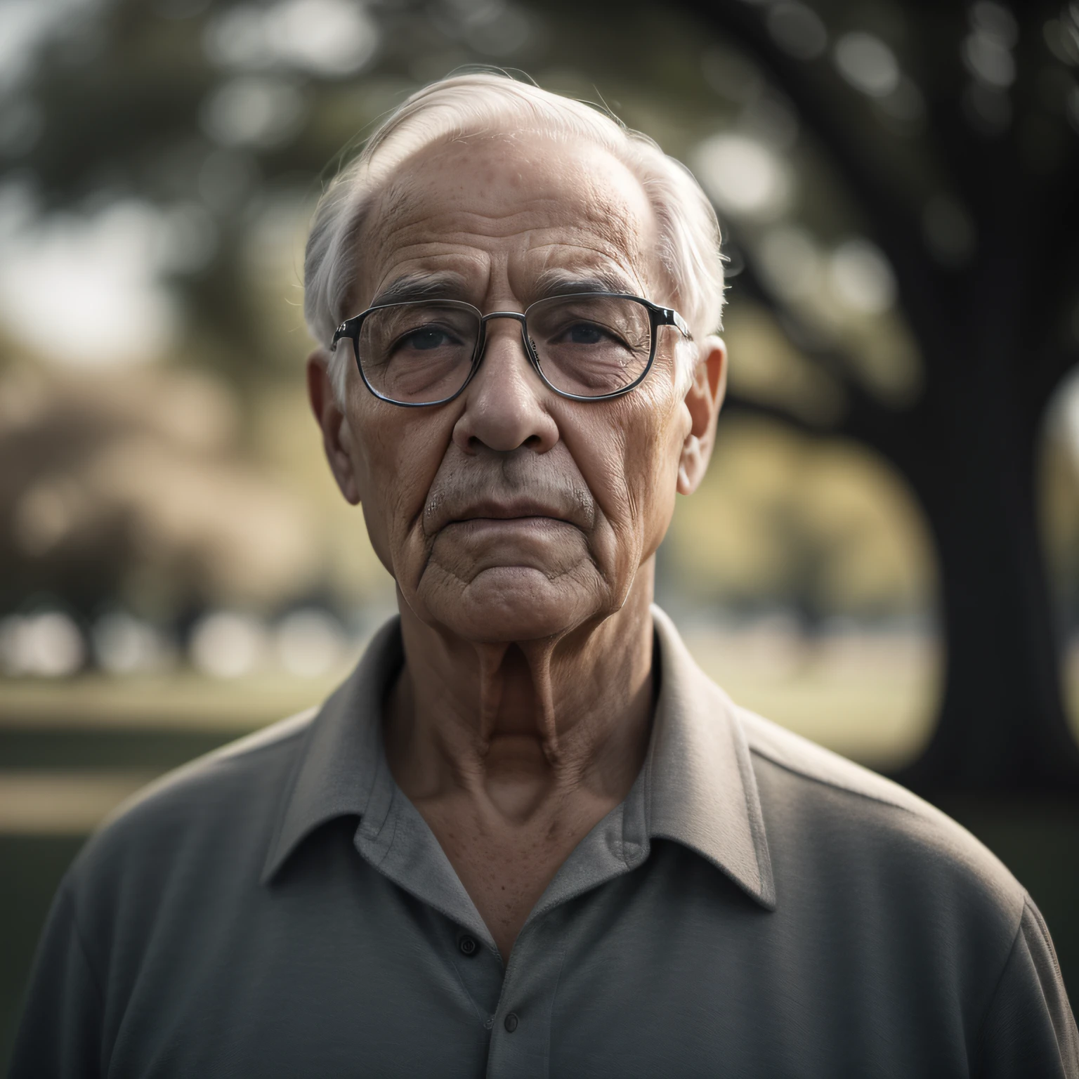 Older man with glasses and a gray shirt standing in a park, foto do retrato de um homem velho, cinematic portrayal, foto de um homem, Retrato tirado 8 K, retrato do homem velho, O olhar de um idoso, Cinematic realistic portrait, retrato de alta qualidade, uma foto de um homem, um homem de 80 anos, dramatic cinematic portrait, cinematic headshot portrait