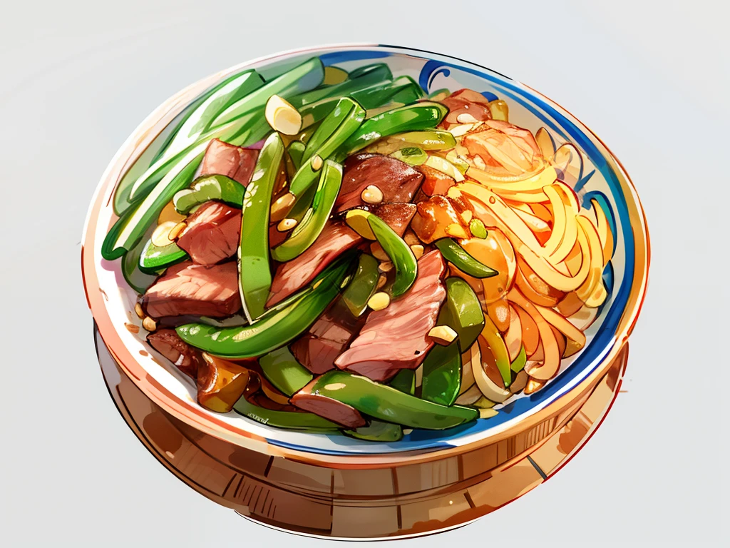 There is a bowl of stir-fried shredded meat and green beans and potatoes,Barreled, bowl filled with food, Stir-fry shredded meat，bean，Shredded potatoes