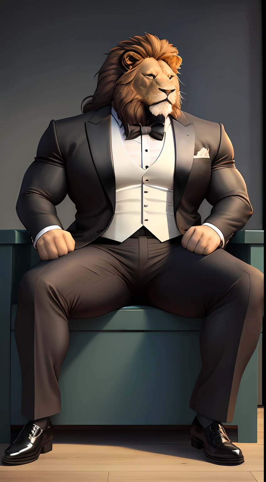 Large strong muscular lion tuxedo posture
