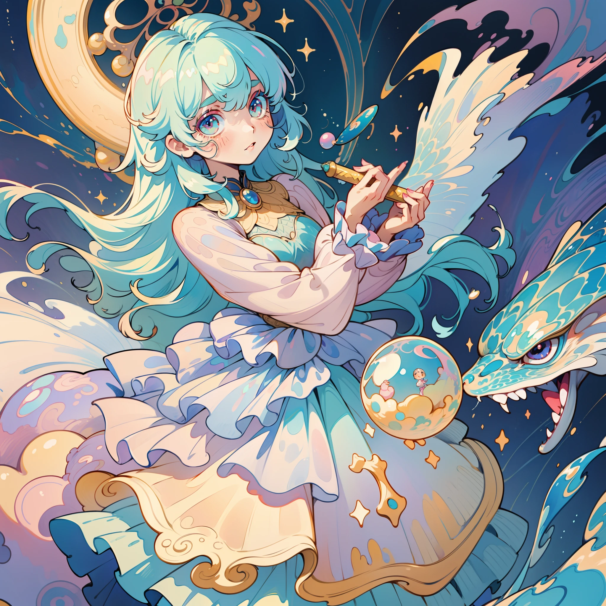 masterpiece, best quality, 8k resolution, sharp focus, intricate detail, beautiful girl, sparkling eyes, golden ratio face, otherworldly liquid, watercolor, pastel colors, bright colors, whimsical, colorful, sharp focus, high resolution, fine detail, ((layered tiered puffy long sleeves ballgown)), ((round eyes)), iridescent bubbles, fantasia background