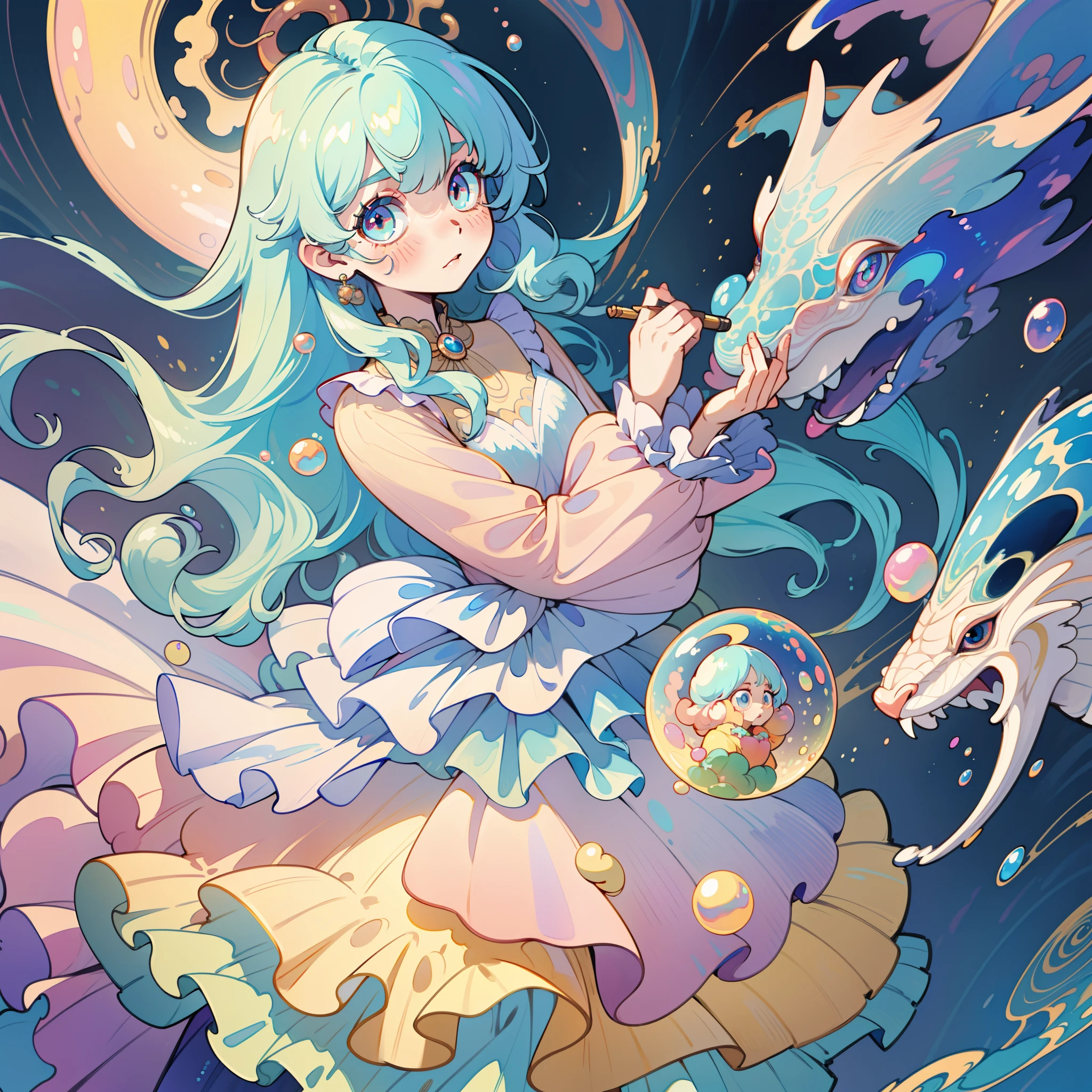 masterpiece, best quality, 8k resolution, sharp focus, intricate detail, beautiful girl, sparkling eyes, golden ratio face, otherworldly liquid, watercolor, pastel colors, bright colors, whimsical, colorful, sharp focus, high resolution, fine detail, ((layered tiered puffy long sleeves ballgown)), ((round eyes)), iridescent bubbles, fantasia background