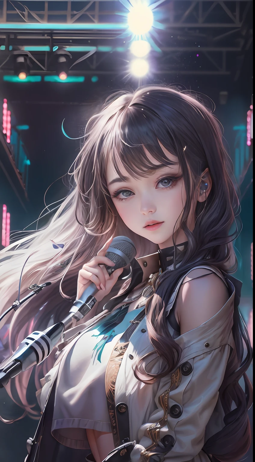 ((The background is a concert:1.6)),((spotlight lights:1.6)),((Face lighting:1.3)),((Top quality, 8K, Masterpiece: 1.3)),cinmatic lighting,full bodyesbian,entire character,Long legs,Beautiful girl concert,tmasterpiece,8K,high definition resolution,cinmatic lighting,theater,lamplight,perform,Teenage idol,((microphones:1.5)),Concert,performance,Fashionable clothes,singers,idoly,com rosto detalhado, ((Ultra-detailed)),((Delicate face)),(high light,Gradient hair), GSHea,Look at the viewer, ((Distant view)), Strong light and shadow, Cinema lenses,tmasterpiece,Super quality,theater stage,Beautiful girl singing through microphone, Wear stage costumes, singing on stage,Stylish lenses,beuaty girl, Junior Star, Wear crop tops, he is a rockstar, regal pose, Pop rock punk style,tmasterpiece,8K,high definition resolution,cinmatic lighting,theater,lamplight,perform,teens girl,((microphones)),Concert,performance,tightsuit,singers,idoly,cropped shoulders,Bare thighs,hyperdetailed face, Detailed eyes, 二重まぶた,((Ultra-detailed)),((Delicate face)), Beautiful detailed eyes, (high light,Gradient hair),Long hair, Floating hair, GSHea,The eye,Genshin_impact,Look at the viewer, ((Distant view)), Strong light and shadow, Cinema lenses,tmasterpiece,Super quality,theater stage,real silk,18yr old,Big eyes,A woman in a white tights holds a microphone and sings on stage, inspired by Vanessa Beecroft, wearing white straitjacket, Korean concerts, Inspired by Hajime Sorayama, singing on stage, style of hajime sorayama, Wearing white tights, wearing bodysuit,Stylish lenses