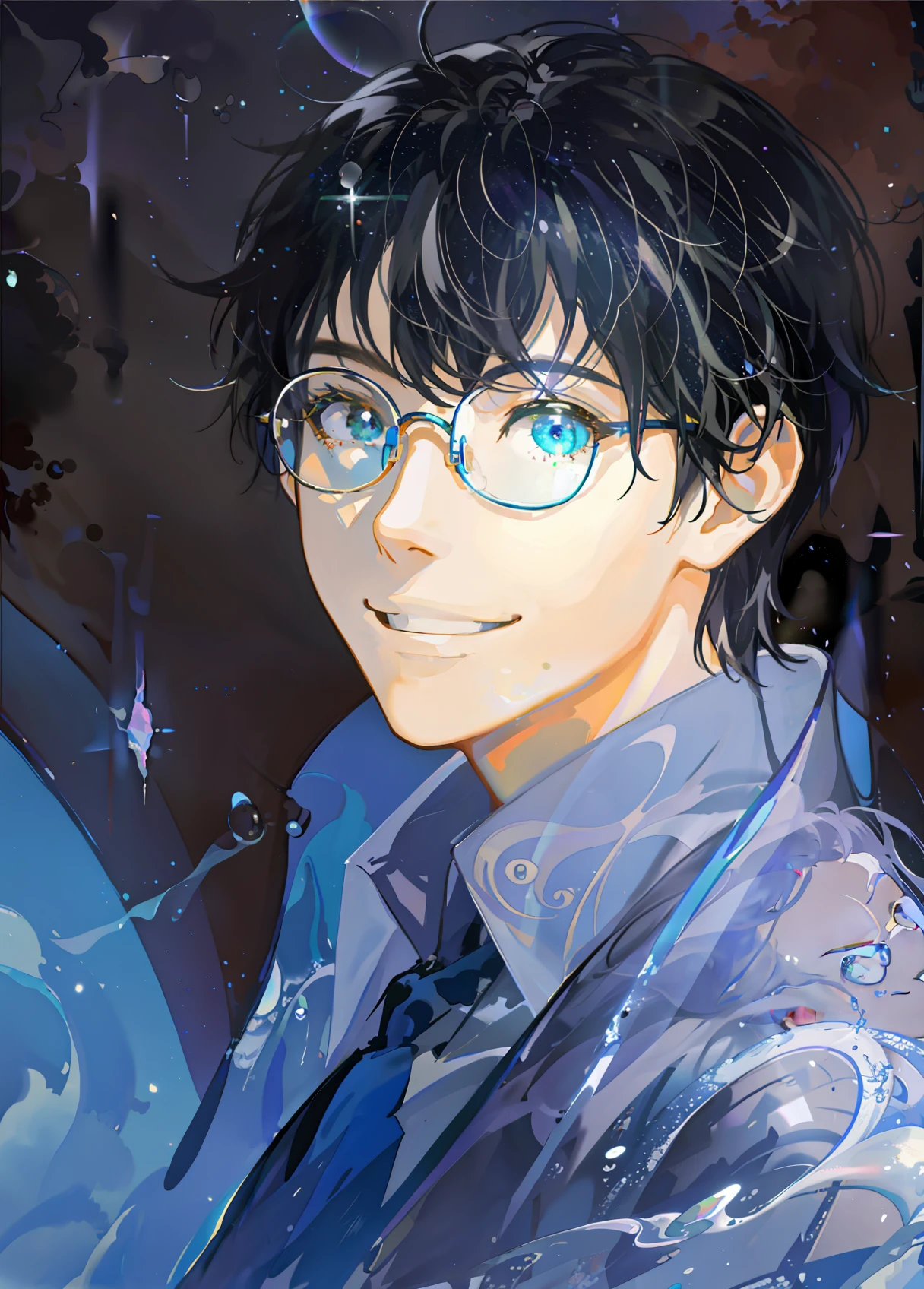 tmasterpiece、Need、1male people、AS-Adult、A MILF、Boy with glasses，Smile rainbow sunshine、under the water、Reflected mirror、floating piece of Glass、Rainbow light、Bubble Swirling、Wind swirl、extreme light、Fantastic landscape, Starlight around the character, (The upper part of the body)