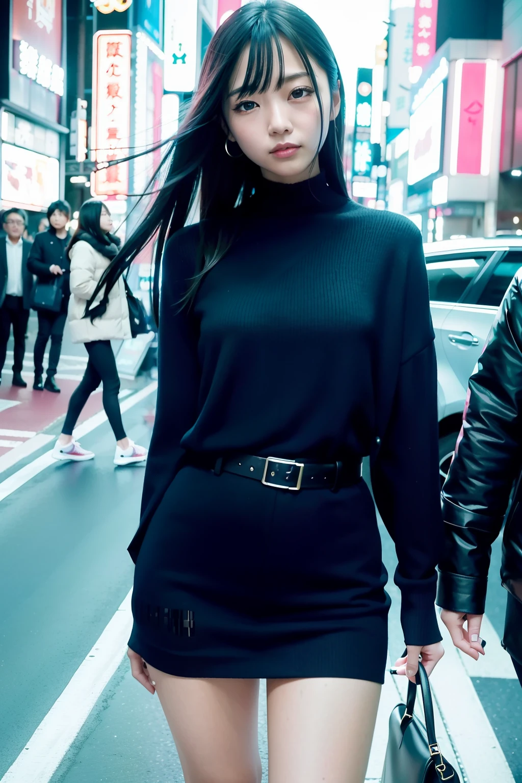 (8K分辨率,Close-up of the night,Photos above the legs,Wave to people on the road,photorealestic),(1 female,age 22,(Rina Fujii's facial features:1.8,Face with thin bones,s delicate face),com rosto detalhado,(Delicate Japanese makeup),Beautiful face,com rosto detalhado,详细的脸,Ultra-fine makeup,Black colored eyes,Long blonde hair,(Windswept hair,Messy has layers),Redlip,Fair smooth skin,(Best Skin Type:1.21),mediuml breasts,(Career suit,Tall figure,perfect hand,Perfect posture,Ultra-fine clothing material),(Streets of Tokyo,Tokyo Kabukicho,neonlight,Exquisite street details,(the night,visitor)),(expressioness:rejoice,exhilarated,confident smile,Rejoice),(profesional lighting,动态照明),(The color is bright,(white colors,in pink,blue colors,black in color)),(Golden section,Cinema lenses,Hasselblad photograp,tmasterpiece:1.3),(youthfulness,vivaciousness,punk,Realisticstyle,Artis)
