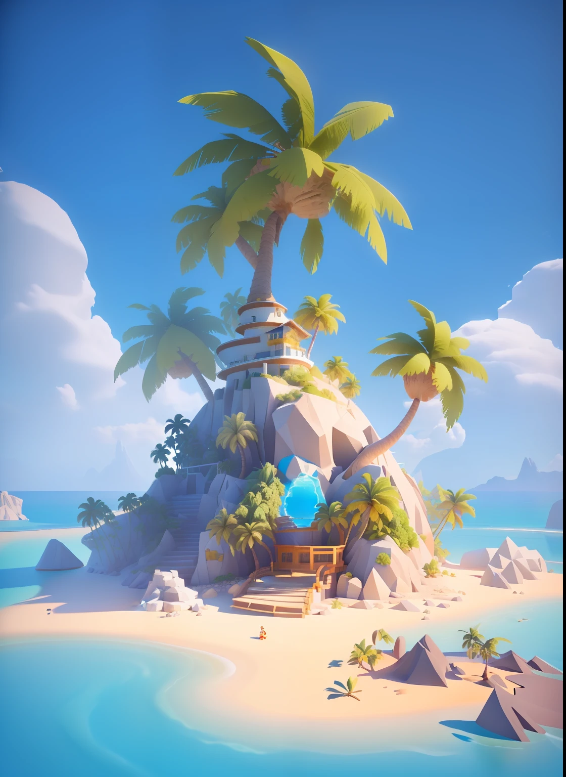 a close up of a small island with palm trees and a beach, island background, 3 d render stylized, stylized concept art, rolands zilvinskis 3d render art, stylized game art, stylized 3d render, stylized 3 d, stylized as a 3d render, by Ryan Yee, island landscape, isometric 3d fantasy island