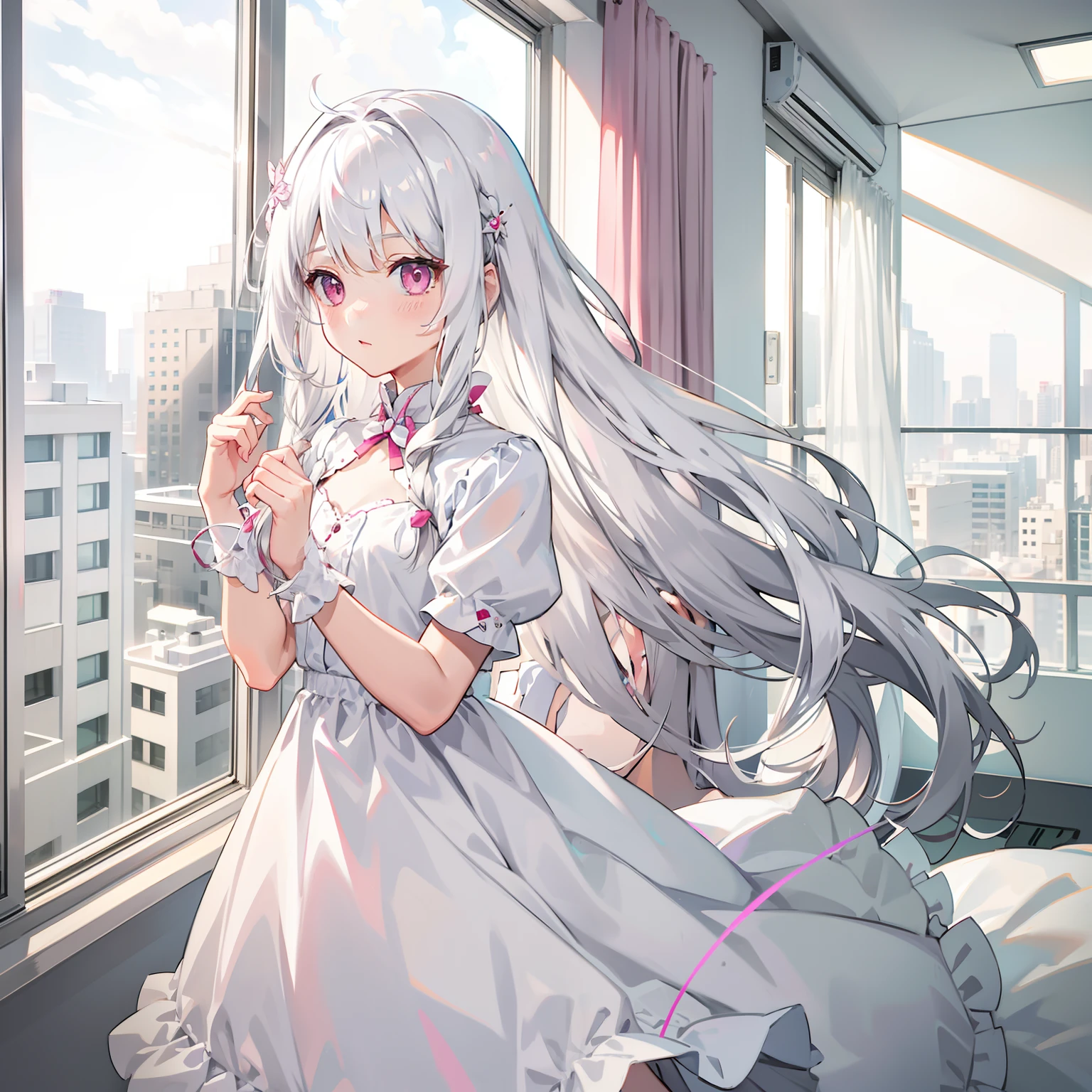 silver-white long hair,Pink eyes,white dresses,Petite loli,expressiveless,Looking out the window,hair flowing,In the hospital ward