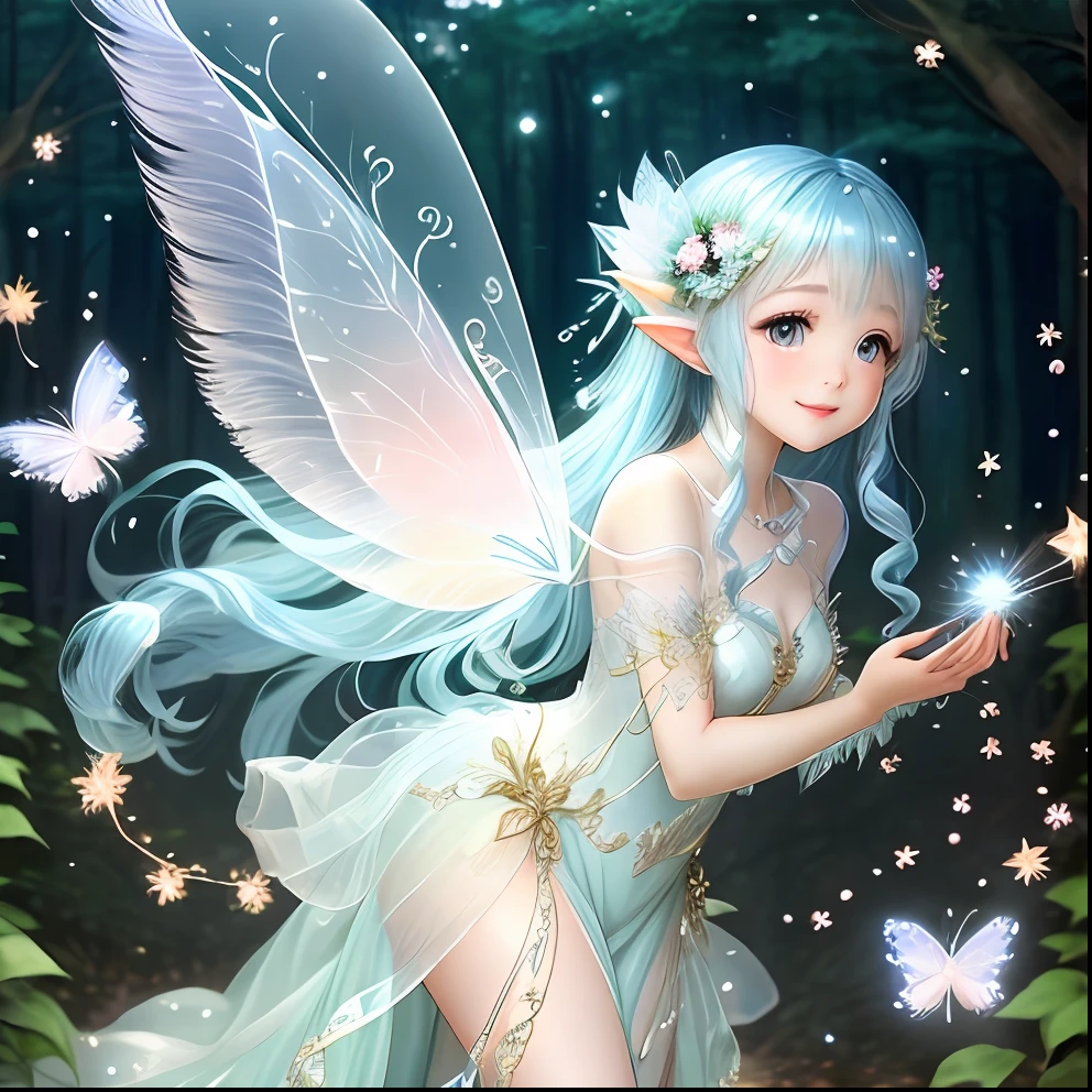 Beautiful fairy with a sense of transparency、Beautiful sparkling forest、Transparent feathers、kindly smile