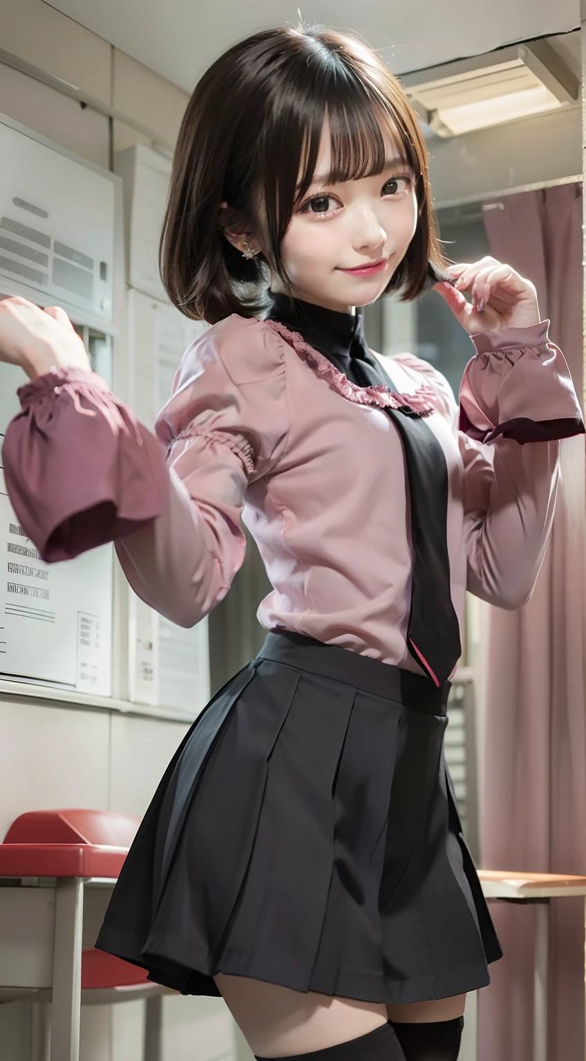 (masutepiece,Best Quality, Detailed), 1girl in, Solo, Indoors, crass room, Half-closed eyes, Smile, Closed mouth, Night, Dark, Moon, Cowboy Shot, oshino ougi, PINK SHIRT, Black pantyhose, sleeves past fingers, Pleated skirt, black necktie, Puffy sleeves, Black undershirt