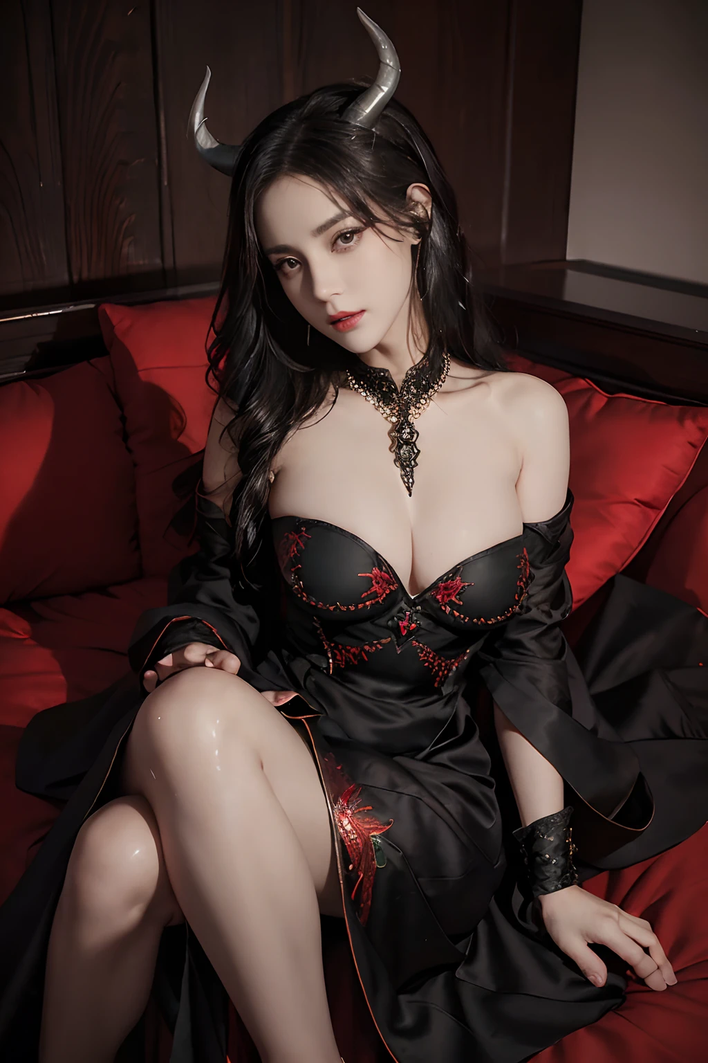 (Front Focus),(in the darkness nigth:1.6),Surrealist portraits of women by David Hockney and Alphonse Mucha,((ultra gigantic tits))、((Upper body naked))、( Exposed)、((Demon King's Bed)),Fantasyart,((short hair with red wavy))、((ox’s horn))、Jet Black Queen、((Demon King Black and Red Dress、Dresses with less fabric))、photographrealistic,动态照明,art stations,poster for,Volumetriclighting,extra detailed face,4 k'',((Colossal tits))、Beautifully embroidered award-winning black and red sexy demon lord dress,With diamonds,Sexy thighs,Decorated with fine embroidered dress costumes and fine jewelry,exposing the abdomen ,Chest 1 Girl, In the Dark, deepshadow, low tune, Cowboy Shot,(official clothing:1.4), The eyes are confused and seductive,legs separated
