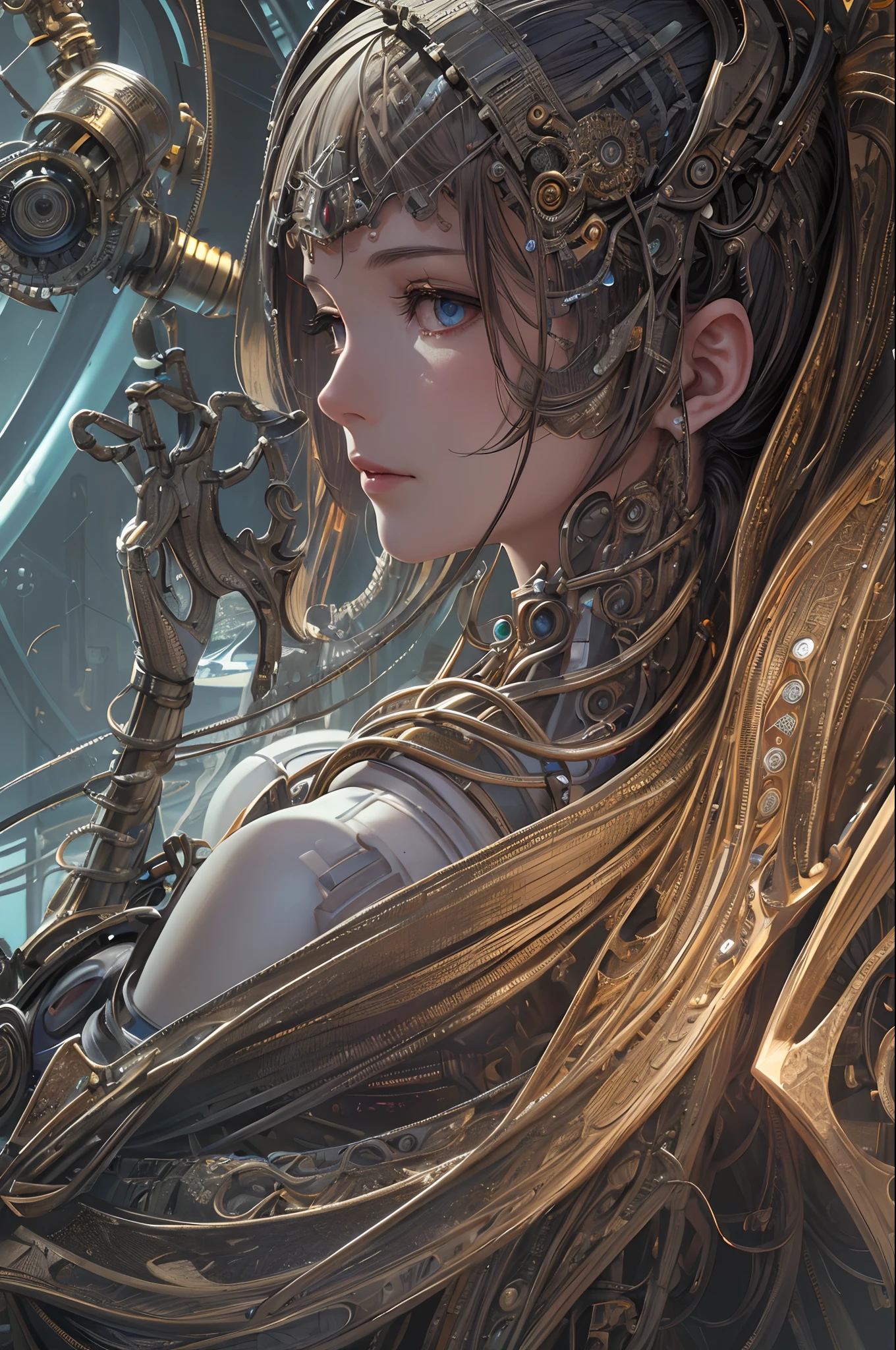 (((masterpiece))), (((best quality))), ((ultra-detailed)), (highly detailed CG illustration), ((an extremely delicate and beautiful)),(from side),cinematic light,((1mechanical woman)), (mature face:1.4), solo, full body,(machine made joints:1.2),((machanical limbs)),(blood vessels connected to tubes),(mechanical vertebra attaching to back),((mechanical cervial attaching to neck)),(sitting),expressionless,(wires and cables attaching to neck:1.2),(wires and cables on head:1.2)(character focus),science fiction,extreme detailed,colorful,highest detailed