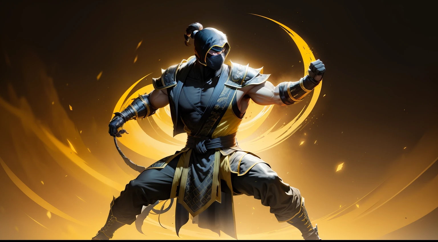 a man in a classic yellow and black outfit, mortal kombat scorpion, mortal kombat character, classic clothes from the first mortal kombat game, mortal kombat, hq wallpaper 8k, mk ninja, mortal kombat style, fighting game character, full body , fighting stance, highly detailed textured 8k, highly detailed textured 8k