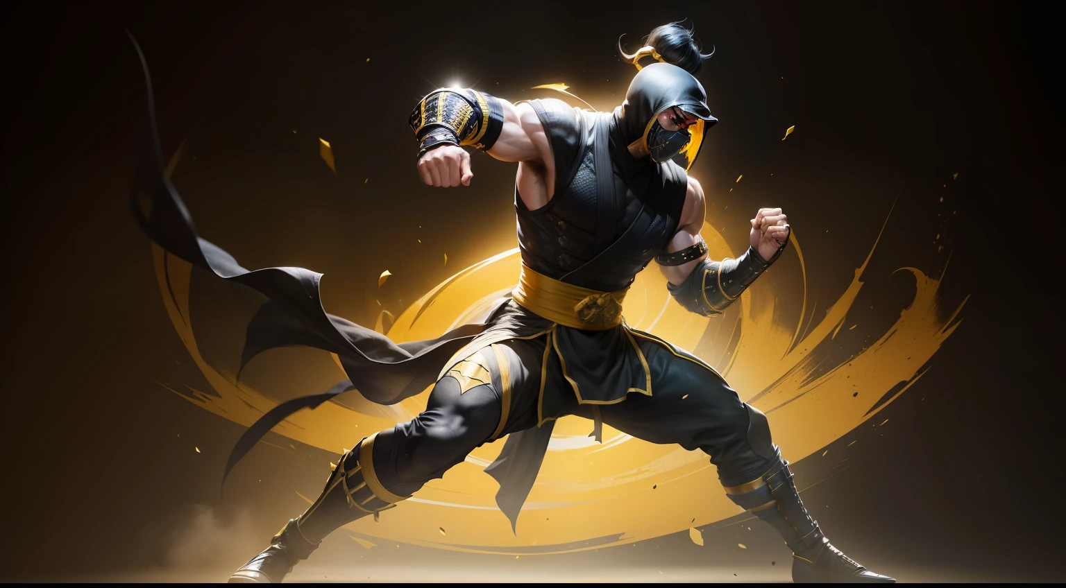a man in a classic yellow and black outfit, mortal kombat scorpion, mortal kombat character, classic clothes from the first mortal kombat game, mortal kombat, hq wallpaper 8k, mk ninja, mortal kombat style, fighting game character, full body , fighting stance, highly detailed textured 8k, highly detailed textured 8k