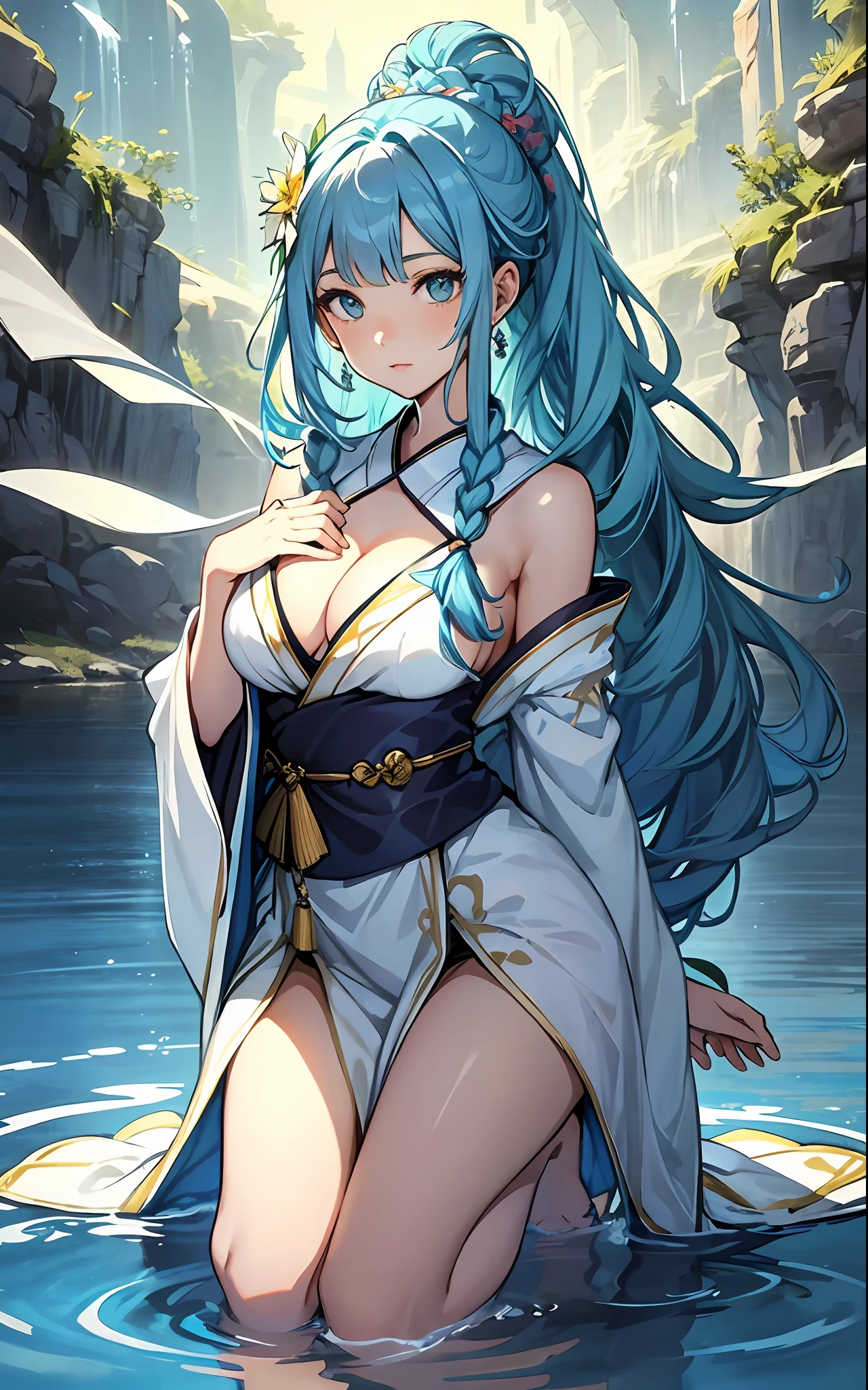 best qualityer,tmasterpiece,Ultimate resolution,downy,Extremely colorful,Colorful,Water background,(Lake surface),Dancer,White kimono long dress,huge tit,hair-bun,Fine braids,(Long aqua blue hair),Blue lip gloss,a matural female,(The barefoot),Kneeling pose,daffodil,Normal posture