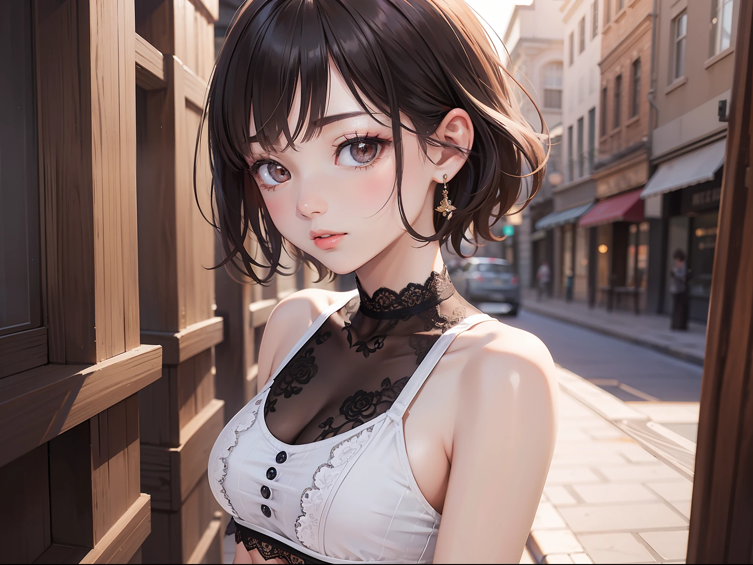 tmasterpiece,Best quality at best,Beautiful quality,Photorealsitic,looking at viewert,Detailed lighting,Extremely detailed skin,Extremely detailed short hair,shadowing,8K:1.2,1girll,Short top,Lace shorts,Crop top
