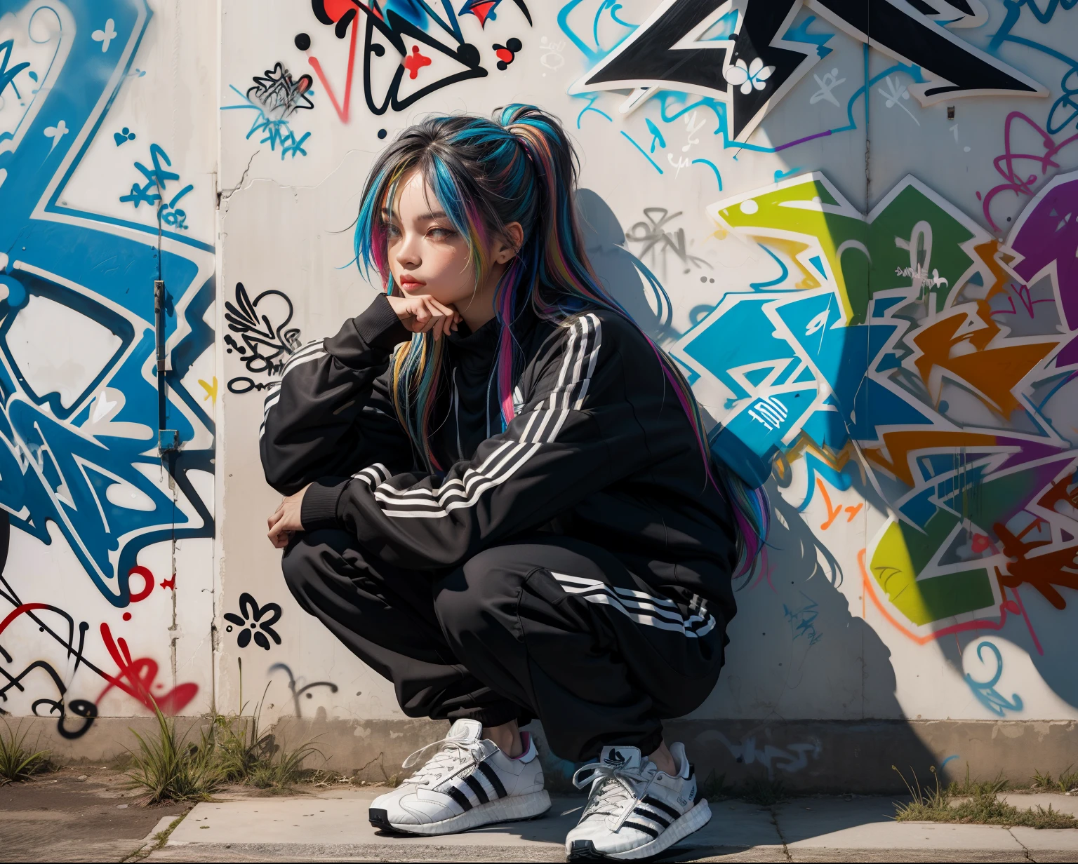 Masterpiece, best quality, 1girl, from below, upper body, cool, long hair, multicolored hair, (black adidas tracksuit:1.2), (squatting),leaning against wall, (graffiti:1.2),