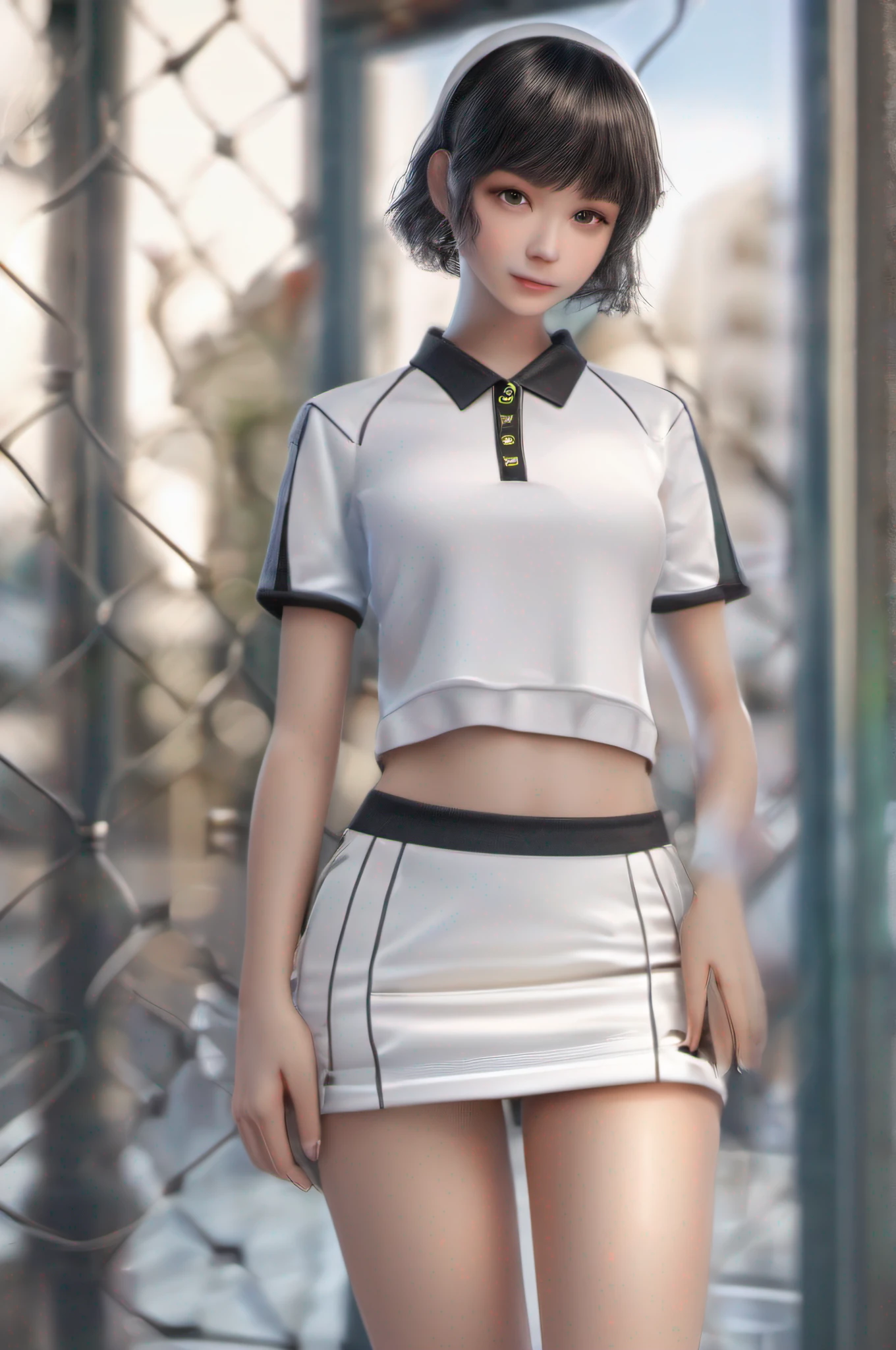 1girl, solo, white polo shirt, white sneakers, tennis wear, white miniskirt, masterpiece, best quality, realistic, hyper-detailed, (shiny skin, sweaty:1.4), absurd, looking at viewer, short black hair, brown eyes, slender, dynamic lighting, high resolution, sharp focus, depth of field, detailed eyes, sharp pupils, realistic pupils, (small breasts:1.6), (thick thighs:1.0), outdoor, sky