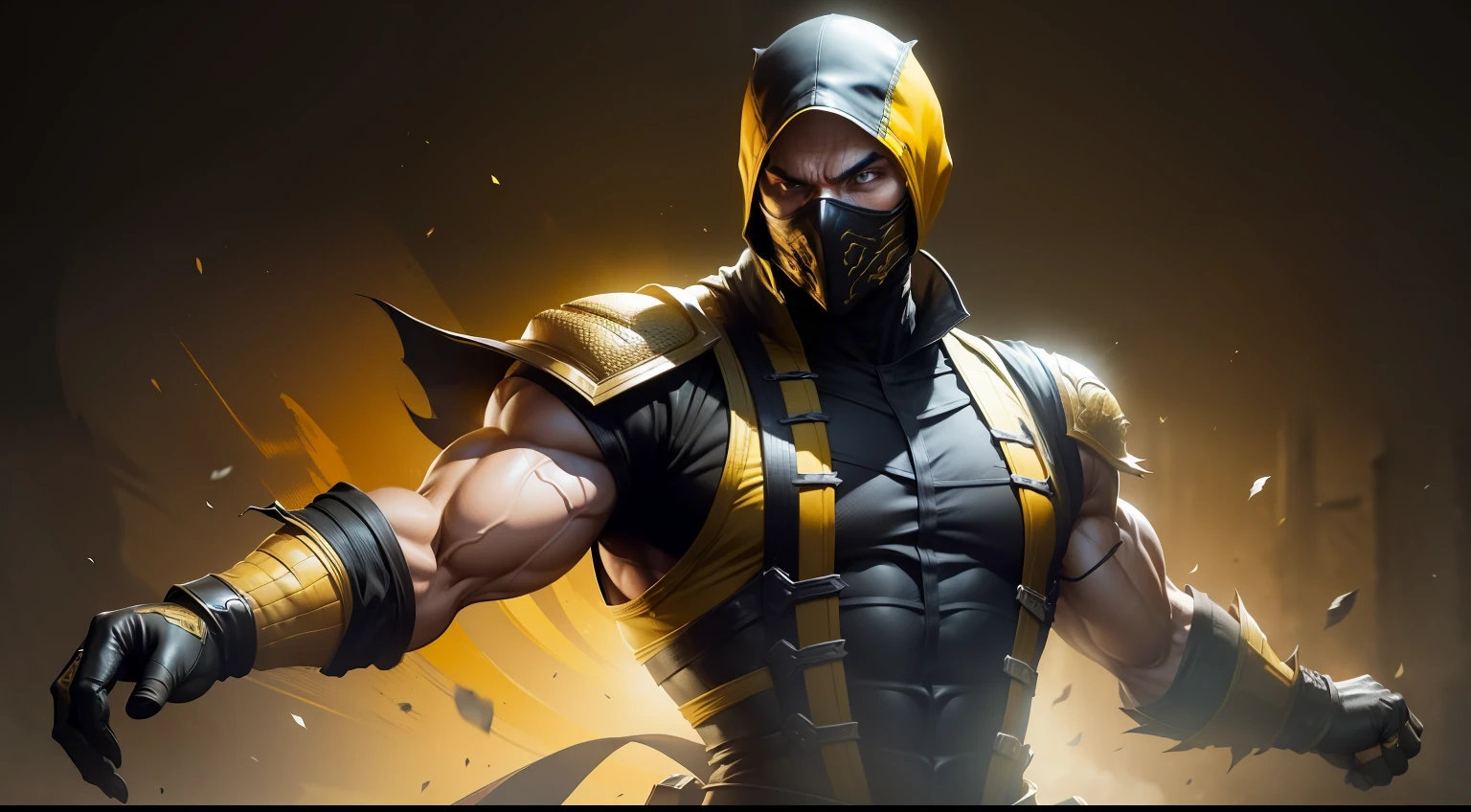 Scorpion is a character in the video game Mortal Kombat. He wears a yellow and black outfit with a mask covering his face. He also carries two kunai knives on his back , imagem 2,5 , 8k , gloomy scenery , olhos perfeitos , melhor qualidade