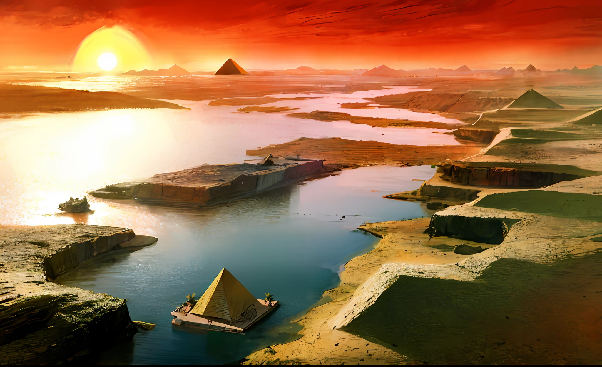 Ancient Egyptian civilization，wide wide shot，Nile River，pyramid，setting sun，The river extends to the horizon，epic sense，Sense of grandeur