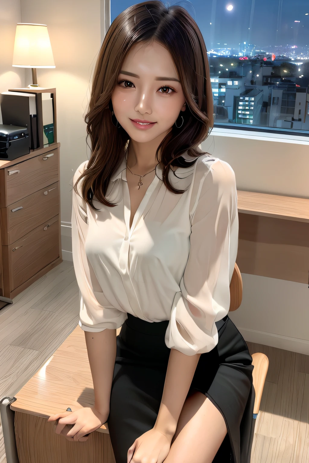 (masterpiece:1.3), high resolution, ultra detailed, extremely detailed CG unity 8k wallpaper, realistic, photo-realistic, RAW photo, beautiful detailed face, pale skin, realistic glistening skin, detailed cloth texture, detailed hair texture, Perfect body, Beautiful Face, accurate, Anatomically correct, Highly detailed face and skin texture, natural neck length, (beautiful hands), (fair skin:1.2), Thin legs, Thin feet,
BREAK,
Detailed eyes, symmetric eyes, Light Brown eyes, Double eyelids, Thin eyebrows, (Glossy lips:1.4), ((gently smile:1.2)), (blush:1.1),
BREAK,
(A Classy and Cute girl:1.3), (wearing a classy white Blouse:1.2), (long irregular hem skirt:1.2), close the button,
medium large breasts, (slender figure:1.1), firm abs, beautiful clavicle,
(Dark blonde hair, wavy hair, long hair:1.2), ((asymmetrical bangs:1.2)),
BREAK,
((leaning against the desk with Whispering:1.3)),
((in the stylish office at night:1.4)), (Cowboy shot:1.2), looking at viewer, from front:0.65,