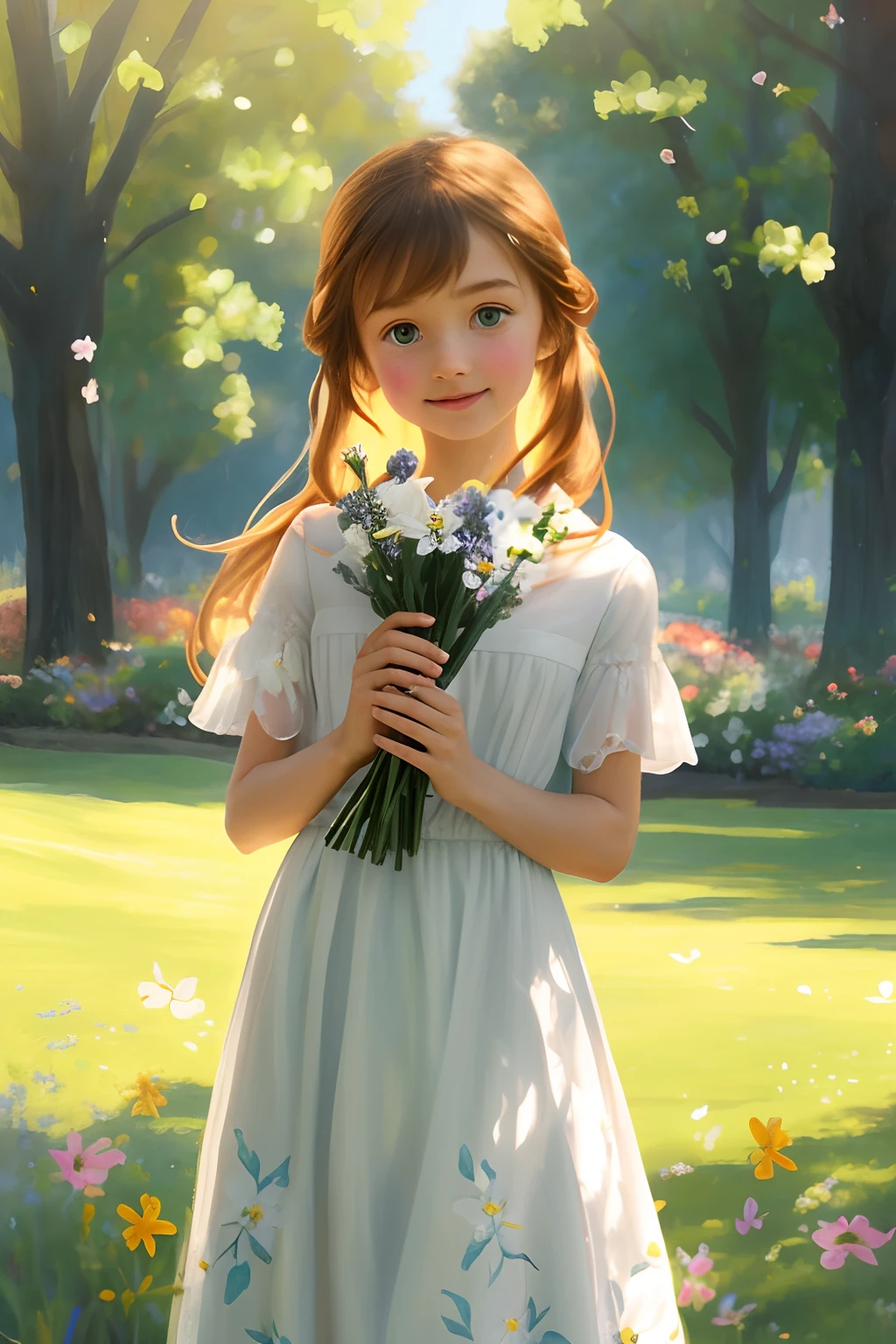 Super realistic, best quality, masterpiece, ultra high res, photorealistic, a cute firl, (white dress with flowers print), holding flowers bouquet in hands, freckles, playful, happy, smiling, detaild skin, skin pores, garden with trees and flowers and grass, many lavenders flowers, butterflies, sunlight, warm light, fuzzy light, mist, intricate details, long shot