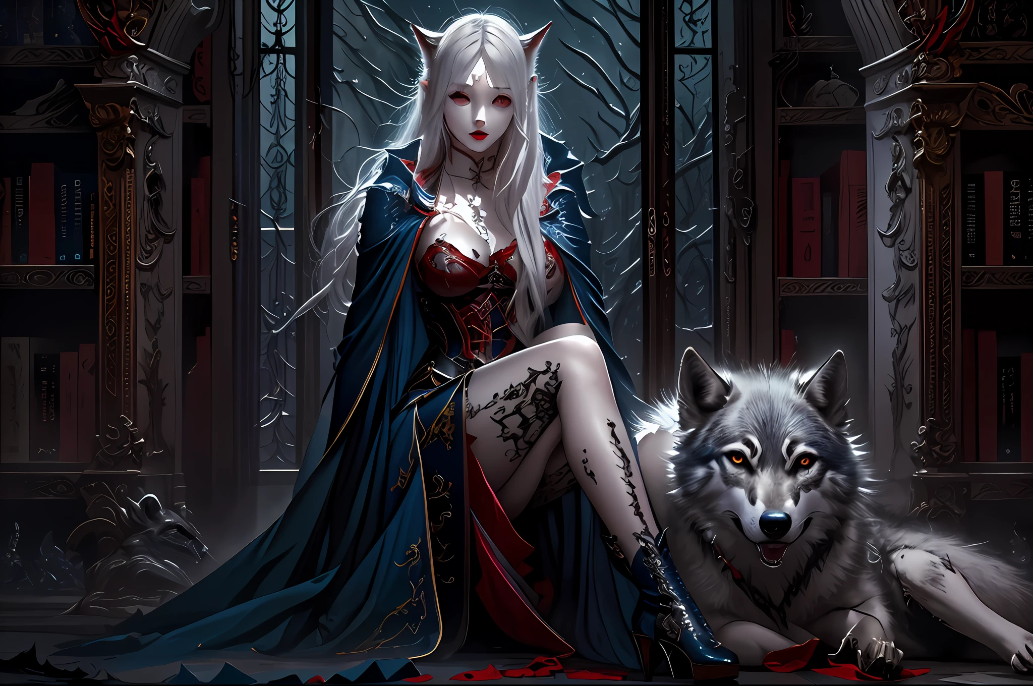 a picture of vampire elf in her castle and her pet wolf, an exquisite beautiful female elf vampire (ultra detailed, Masterpiece, best quality), full body, ultra detailed face (ultra detailed, Masterpiece, best quality), grey skin, blond hair, hair in a ponytail, long hair, blue eyes, cold eyes, glowing eyes, intense, eyes small pointed ears, smirking, smile with drops of blood on face (ultra detailed, Masterpiece, best quality), dark red lips, [vampire fangs], wearing white dress (ultra detailed, Masterpiece, best quality), dark blue cloak, high heeled boots in dark fantasy library, with an big grey wolf (Masterpiece, best quality) book shelves, high details, best quality, 8k, [ultra detailed], masterpiece, best quality, (ultra detailed), full body, ultra wide shot, photorealism, RAW, dark fantasy art, moon light coming through the window, moon rays, gothic art, sense of dread, sense of seduction