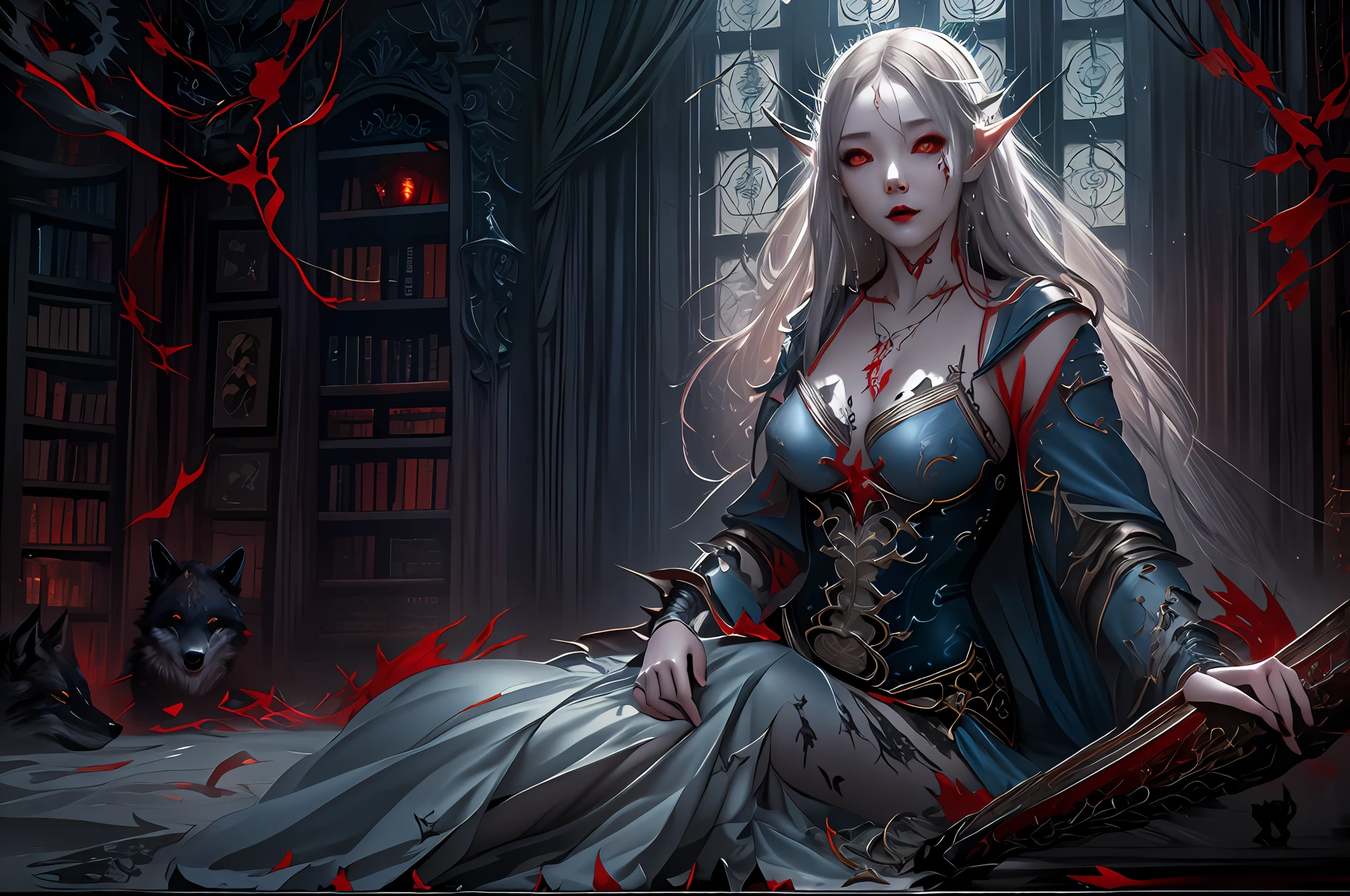 a picture of vampire elf in her castle and her pet wolf, an exquisite beautiful female elf vampire (ultra detailed, Masterpiece, best quality), full body, ultra detailed face (ultra detailed, Masterpiece, best quality), grey skin, blond hair, hair in a ponytail, long hair, blue eyes, cold eyes, glowing eyes, intense, eyes small pointed ears, smirking, smile with drops of blood on face (ultra detailed, Masterpiece, best quality), dark red lips, [vampire fangs], wearing white dress (ultra detailed, Masterpiece, best quality), dark blue cloak, high heeled boots in dark fantasy library, with an big grey wolf (Masterpiece, best quality) book shelves, high details, best quality, 8k, [ultra detailed], masterpiece, best quality, (ultra detailed), full body, ultra wide shot, photorealism, RAW, dark fantasy art, moon light coming through the window, moon rays, gothic art, sense of dread, sense of seduction