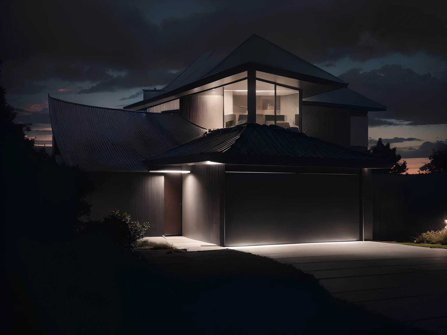 modernhouse, house, glass house with a sloping roof, modern, dynamic (RAW photo, real, best quality, masterpiece:1.2), (hyper realistic, photo-realistic:1.2), high quality, perfect lighting, archdaily, dark sky, dark night, dark theme,