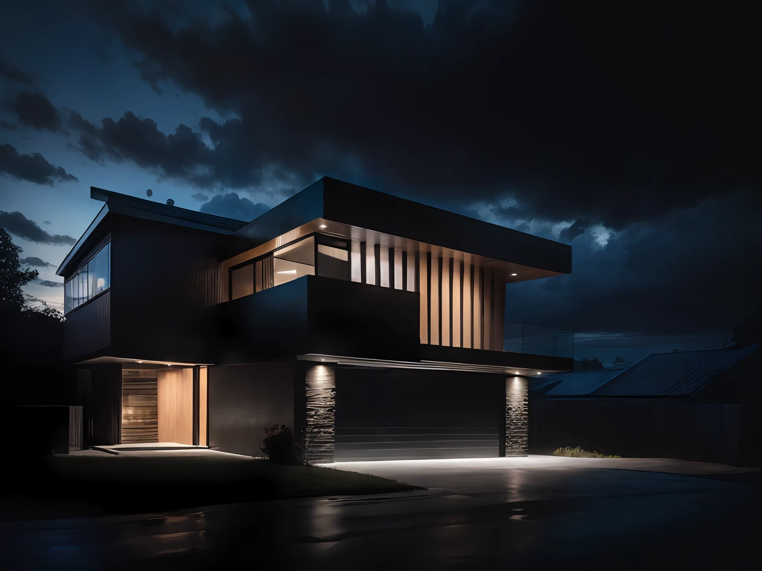 modernhouse, house, glass house with a sloping roof, modern, dynamic (RAW photo, real, best quality, masterpiece:1.2), (hyper realistic, photo-realistic:1.2), high quality, perfect lighting, archdaily, dark sky, dark night, dark theme,