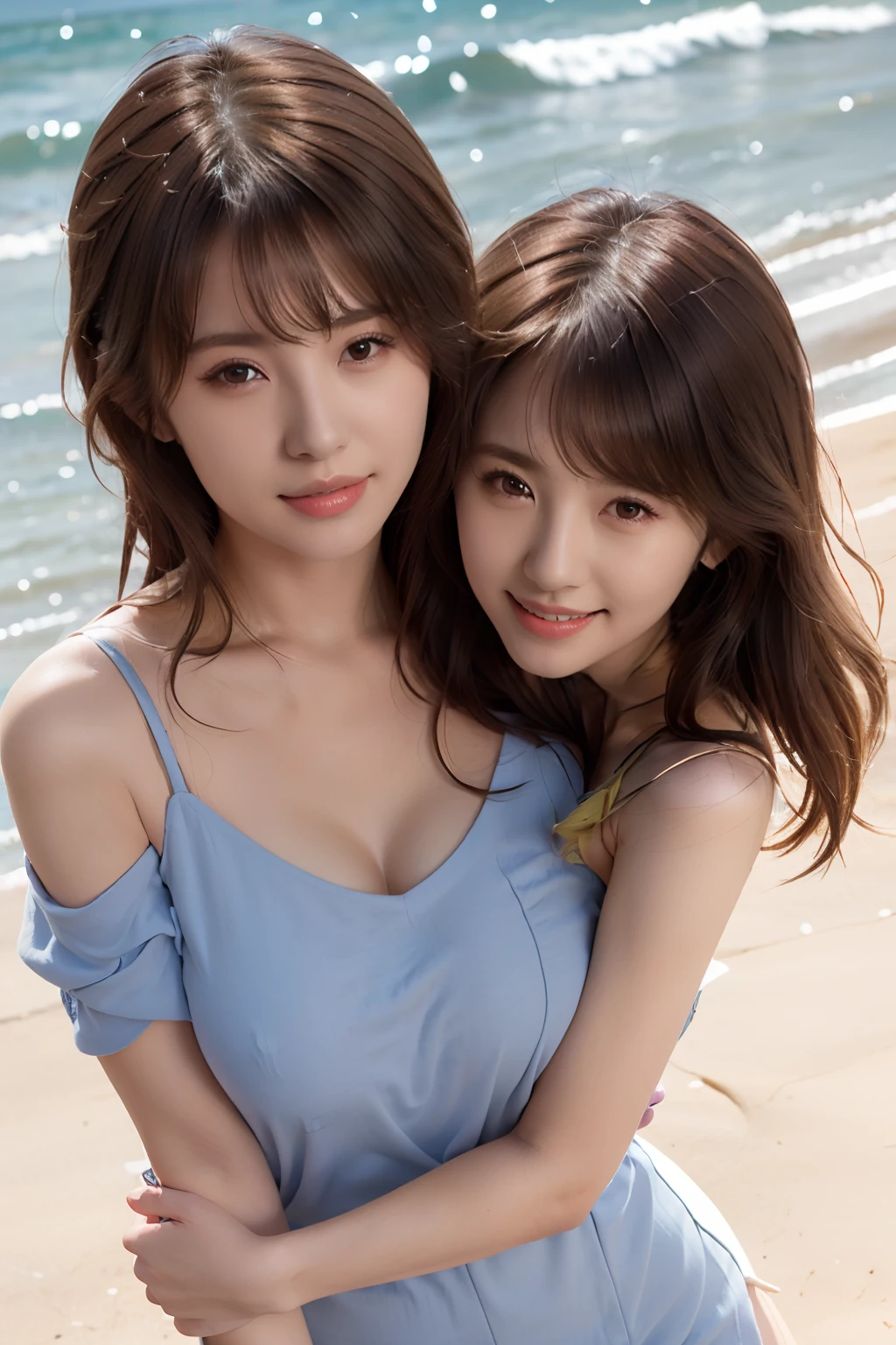 (8K、RAW photography、top-quality、tmasterpiece:1.2),((((((Two girls,duo,caressing the,On the beach)))))),、ultra - detailed、Hyper-Resolution、(hyper realisitc:1.4)、(Use the kiss you throw as a camera)from the above、camera shot from above、Shoot the camera angle from above、I look at this with upward eyes、Arms outstretched、Arms spread wide、Use high-quality images taken from above with your camera、(1 digit in the girl on the beach:1.3)、、Offshore girls(dreamlike lighting)Head to waist、、white skinned、Fair-skinned female proofreading、super high image quality、、Beautiful female proofreading reflecting in light、astonishing detail、Beautiful girls in very detailed、(Faces with different patterns1:1.2)、(Different facial emotions 1:1.3)、Each hairstyle has its own characteristics、colours々Hairstyles、colours々The hair color shines with a clean sheen、I love fishing on the boat、Brown hair shining in the light、One has a ponytail、、Modern cute girl、very detailed faces very detailed eyes、Very realistic skin、 Extremely detailed fingers, Highly detailed nose, highly detail mouth, perfect anatomia, (Off-the-shoulder ta costume 1:1.2)、、Their hair details sparkle、Hot teeth and smiles、Realistic body, white skinned, glistning skin, Slim body, Long straight hair, (Blunt bangs:1.2), , nixeu and sakimichan, twice, seifuku, sakimichan, promotional still, lalisa manobal, alena aenami and lilia alvarado