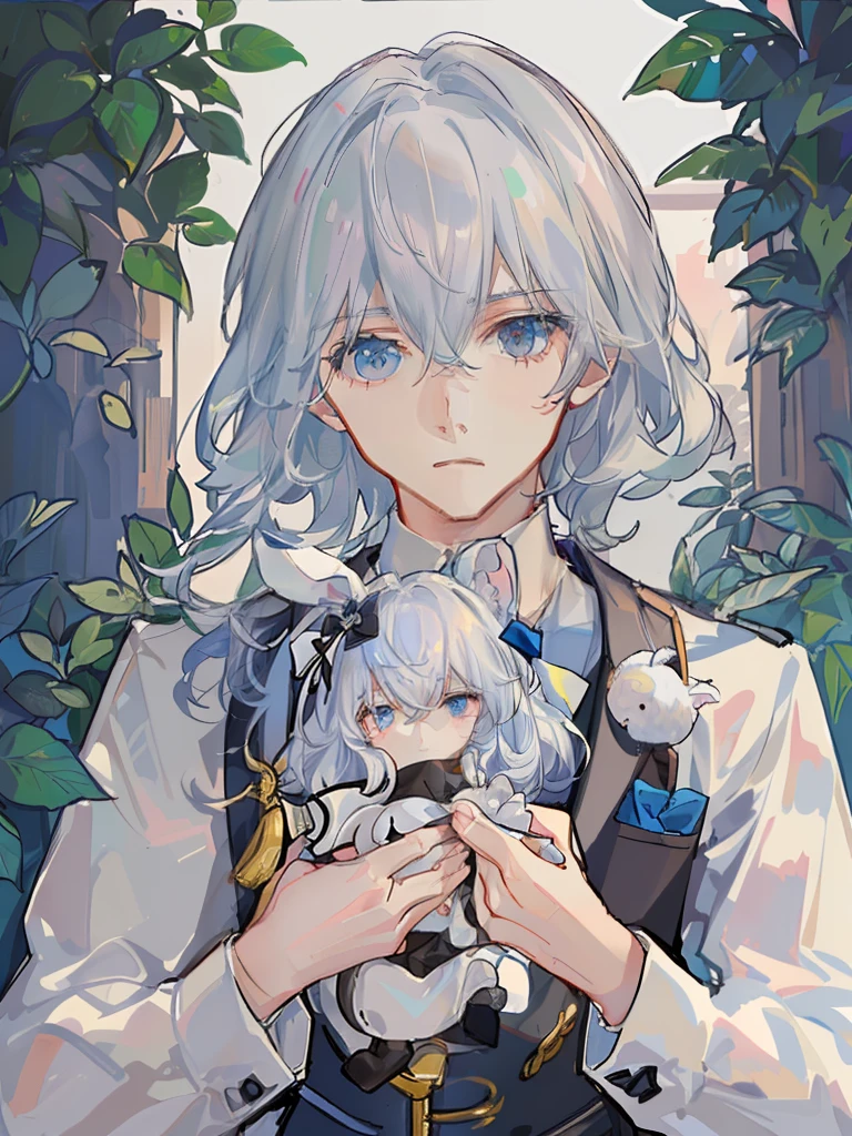 Blue-haired boy, Bunny doll in hand, Pale tired eyes, curled silver hair, White hair maniac