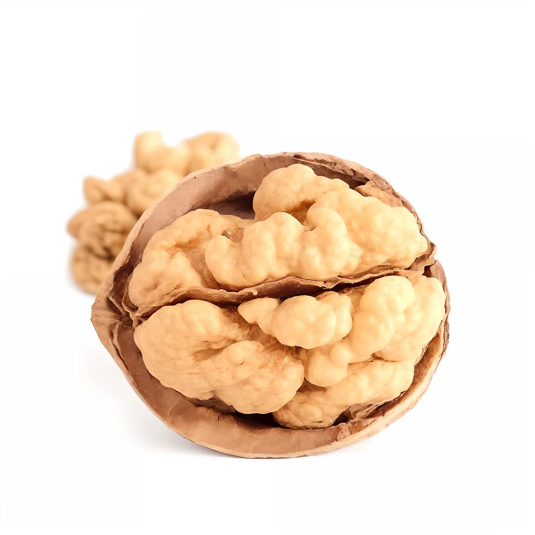 open walnuts on a white background, in the style of subodh gupta, luminous quality, light brown and light beige, he jiaying, bold textures, tumblewave, yervand kochar,UHD,16K,Camera: sony α7III | Lens: Lumix S PRO 24mm f/1.4