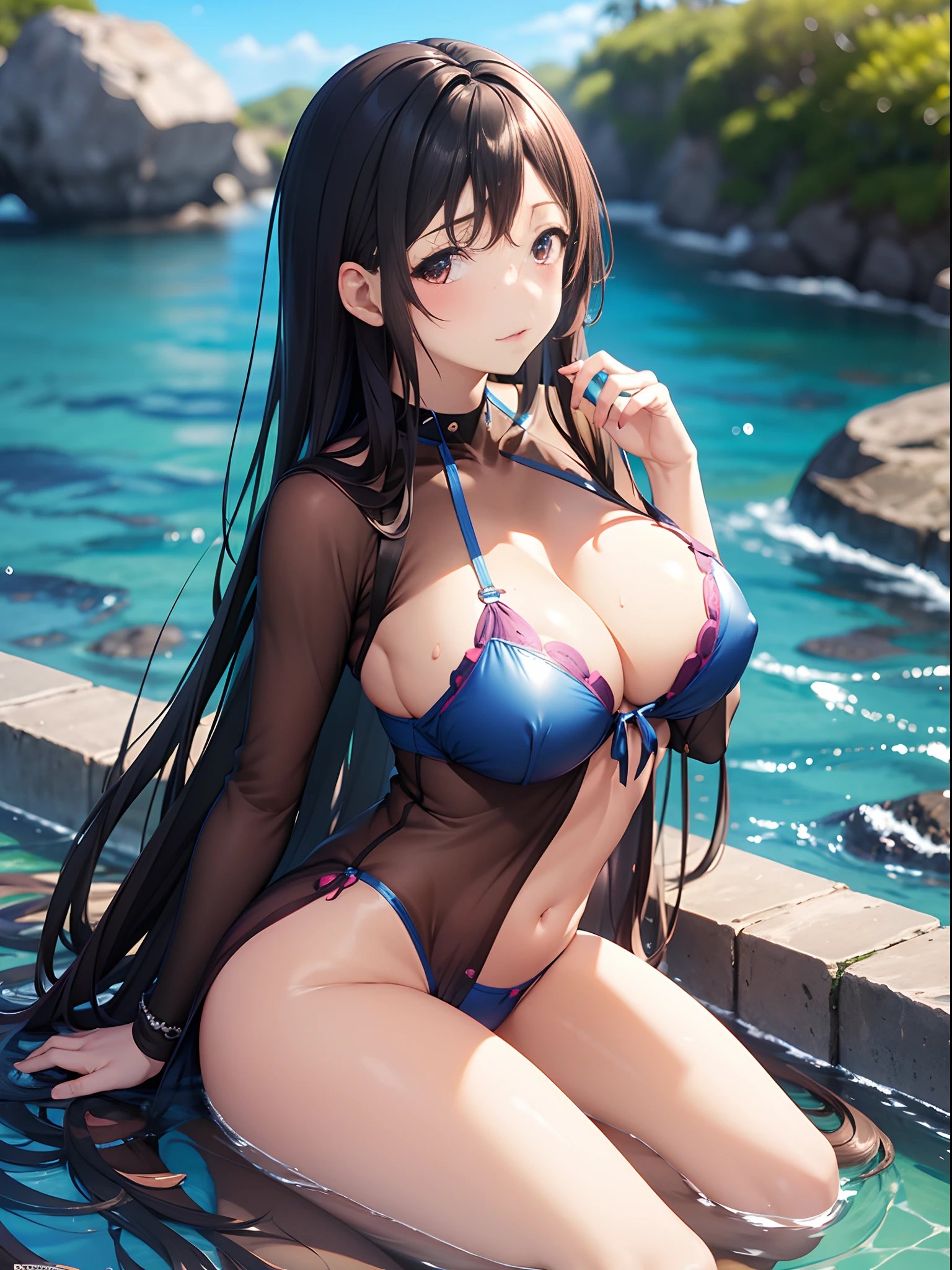 （Enrich the picture，Masterpiece level quality）Beautiful 8K CG artwork，Goddess-like posture，sittinng on the river，Postural exercises，Slim and soft，Translucent skin，Black hair、The beauty of extra-long hair, Super Long Straight Hair，The skin is fair and juicy，Big breasts underwear uniform，Perspective Part 1.2x enhanced silhouette effect，Exquisite transparent blues pattern in pajamas，The details are intricate and exquisite，The background is slightly blurred，Charming and lustful leg seduction，Drool，J cup oversized big breasts，Blush，Japan goddess，Perfect body slim curves，Scene by the sea，