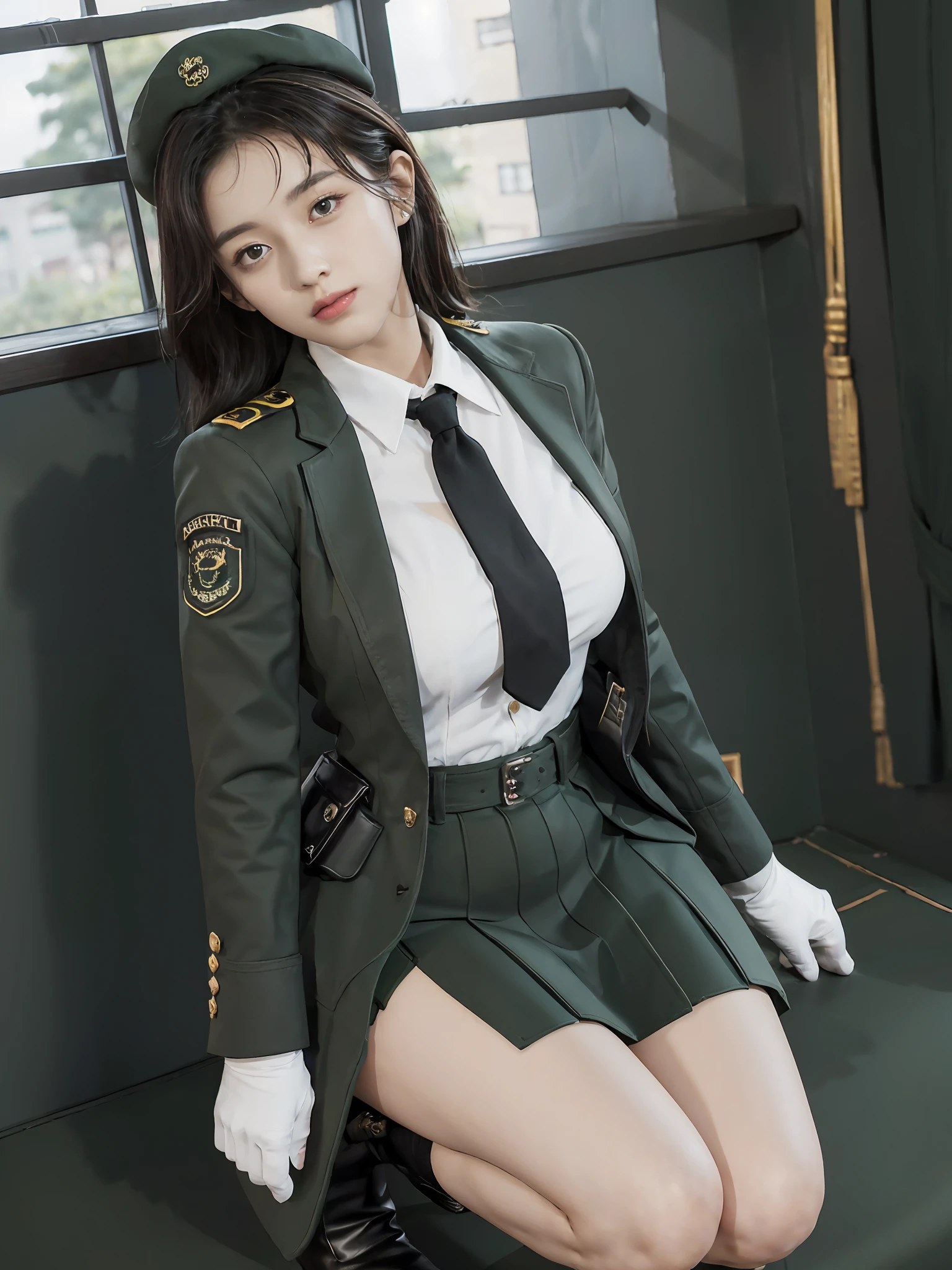 Very detailed CG unity 8K wallpaper，（tmasterpiece），（best qualtiy），（ultra - detailed），（Ultra photo realsisim），（best character detail：1.36），Nikon D750 f / 1.4 55mm，profesional lighting， physically-based renderingt, 1girll, Female soldier，army suit，Green military uniform，Fabric texture military uniform，Pure white lining，Dark green tie，Army green skirt，military hat，Black hair，the golden ratio,[:(com rosto detalhado:1.2):0.2]:,PureErosFace_V1, broad shoulder,(Bigchest:1.5),(big assa:1.5)，Wide buttock ，Bare legged，Plump legs，Move the center of gravity back，Squat on the grass，whitestocking，Small black leather shoes，hands lying on thighs，Soaked with sweat，red flags，At the cafe，Night Street，bright sun，Look at the audience from the front，Bright smile，White teeth，lighting，Contre-Jour，