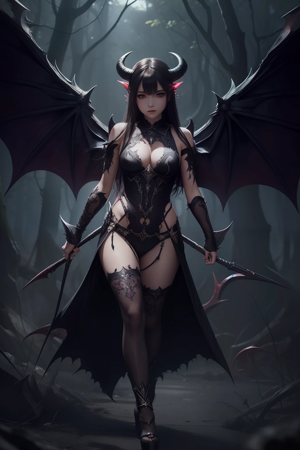 one demon girl, Masterpiece, Best quality, High quality, hight detailed face, Depth of field, HDR, Very detailed, ray tracing, full body, dark fantasy, big demon wings, demon tail, demon horns, demon tatoos