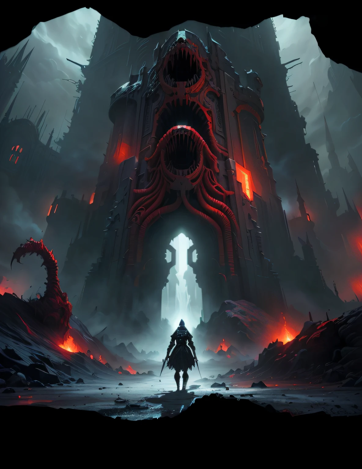 Imagem de um guerreiro espacial na frente de um monstro gigante, arte conceitual eterna do destino, an ominous fantasy illustration, Estilo de arte Doom Eternal, Arte conceitual 8K HD, epic fantasy sci fi illustration, Arte conceitual 8K, Arte Conceitual 8k, Dan Mumford. maya render, Dan Mumford Tom Bagshaw, arte conceitual 8 k, arte conceitual digital diablo