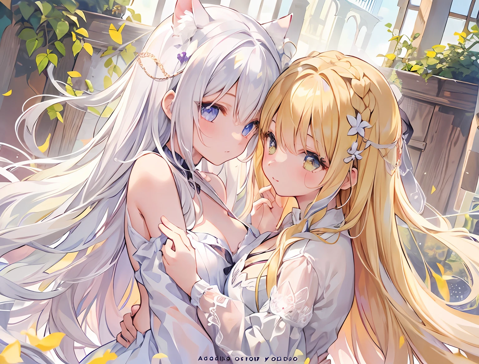 2girls,Girl1:,adolable,white color hair,long whitr hair,girl 2:golden hair,long whitr hair,Touch each other's chests
