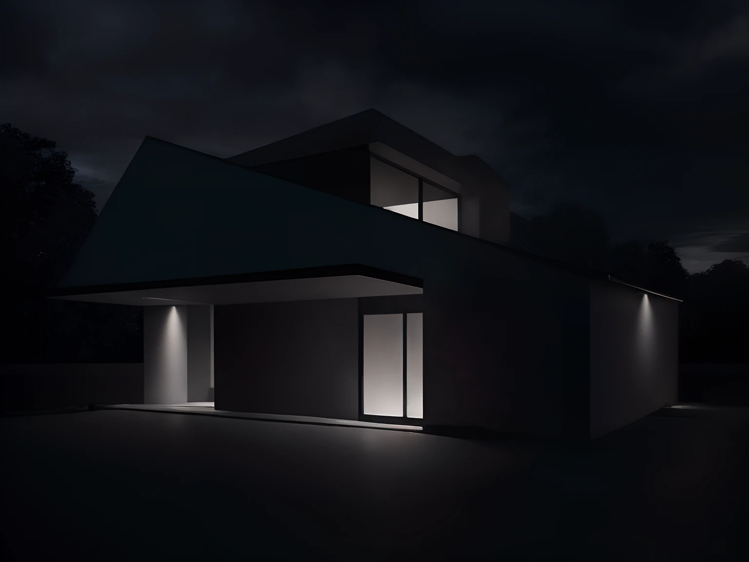 modernhouse, house, glass house with a sloping roof, modern, dynamic (RAW photo, real, best quality, masterpiece:1.2), (hyper realistic, photo-realistic:1.2), high quality, (dark lighting:1.2), perfect lighting, archdaily, dark sky, dark night, dark theme,