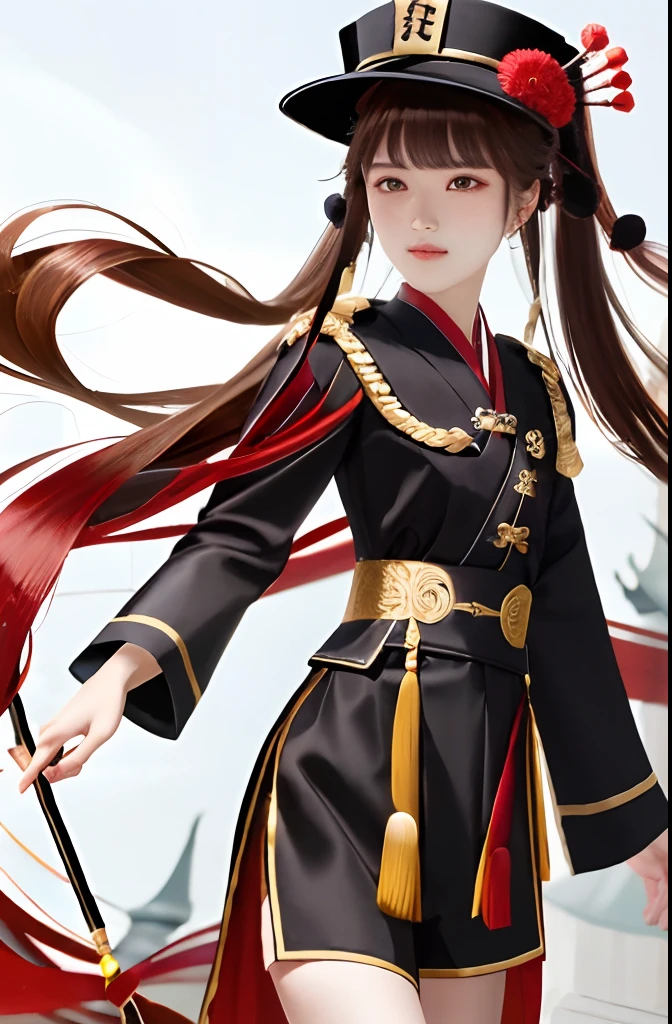 Masterpiece, Excellent, 1girl, Hu Tao (Genshin), Bu Tao, Hat, Red Eyes, Double Ponytail, Brown Hair, Solo, Symbolic Pupils, Long Hair, Bangs, Black Shorts, Hanfu,realistic