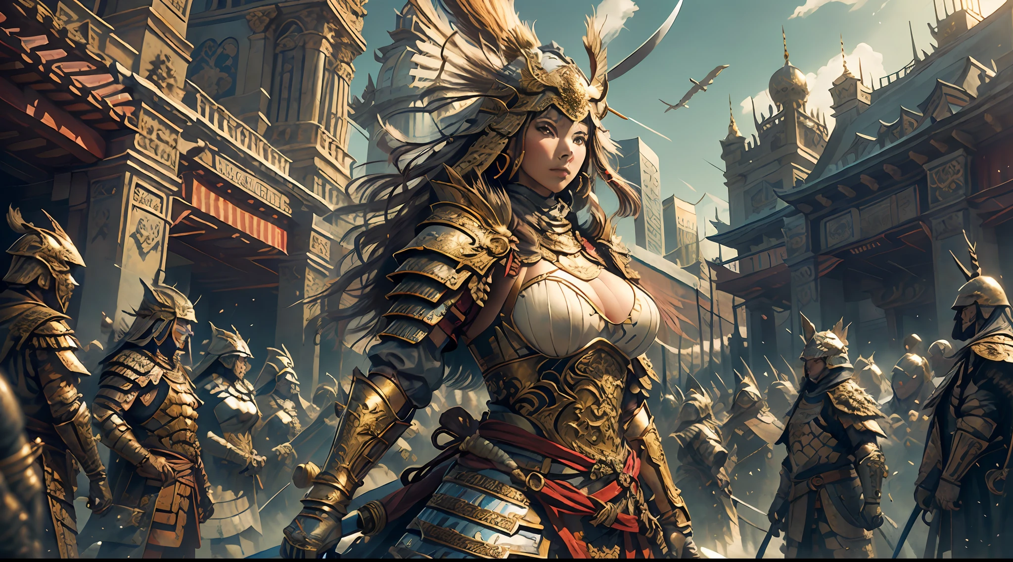 A young woman in armor and carrying a sword stands in front of the audience, large full breasts, (Perfect Body), (Masterpiece), In a very sexy pose, (The ultra-detailliert), (Hyper beautiful), (8K, Highly detailed CG illustrations), The sword is raised to the sky. The audience cheers