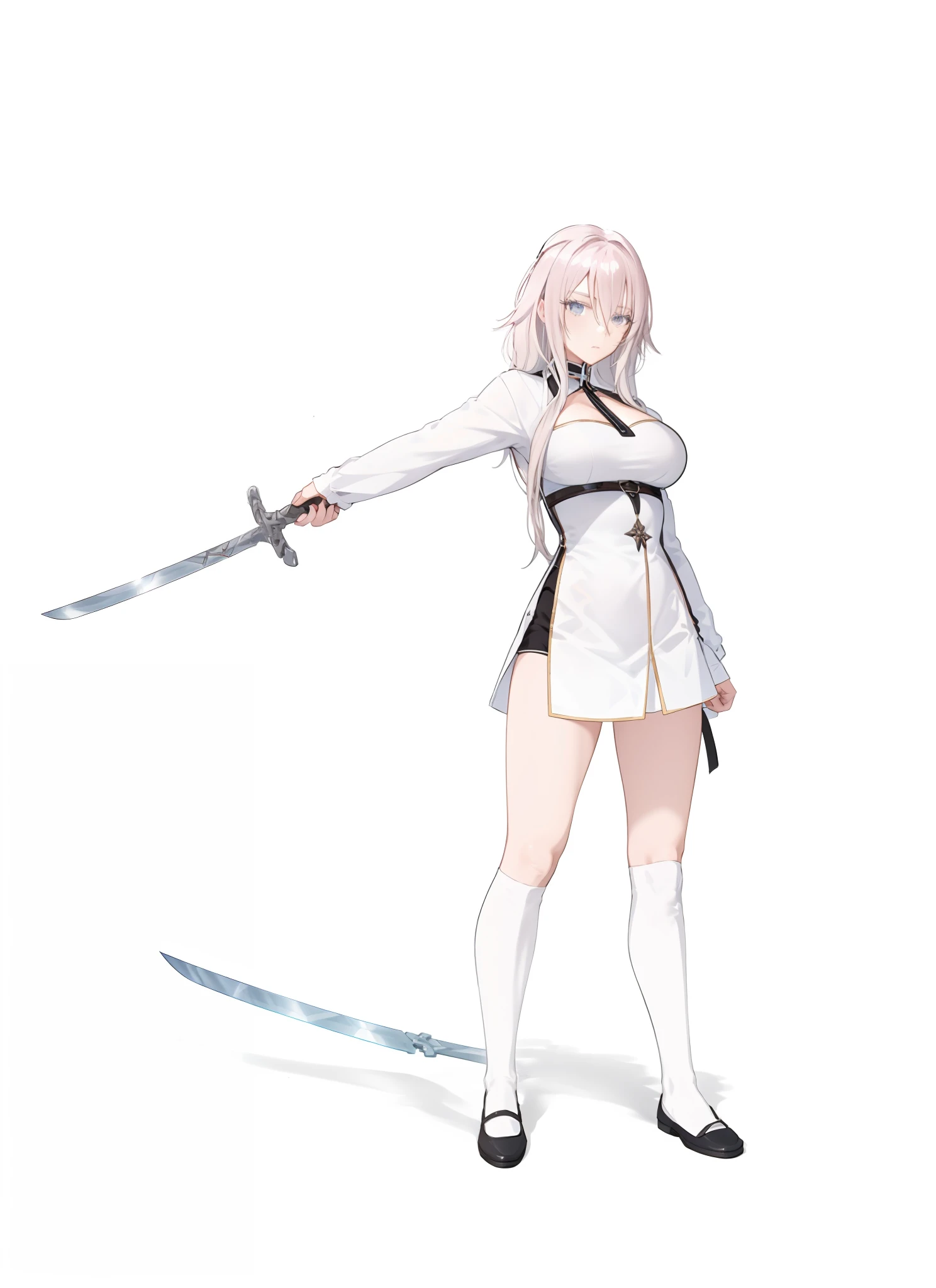 Draw a woman in a straitjacket holding a sword, clean anime outlines