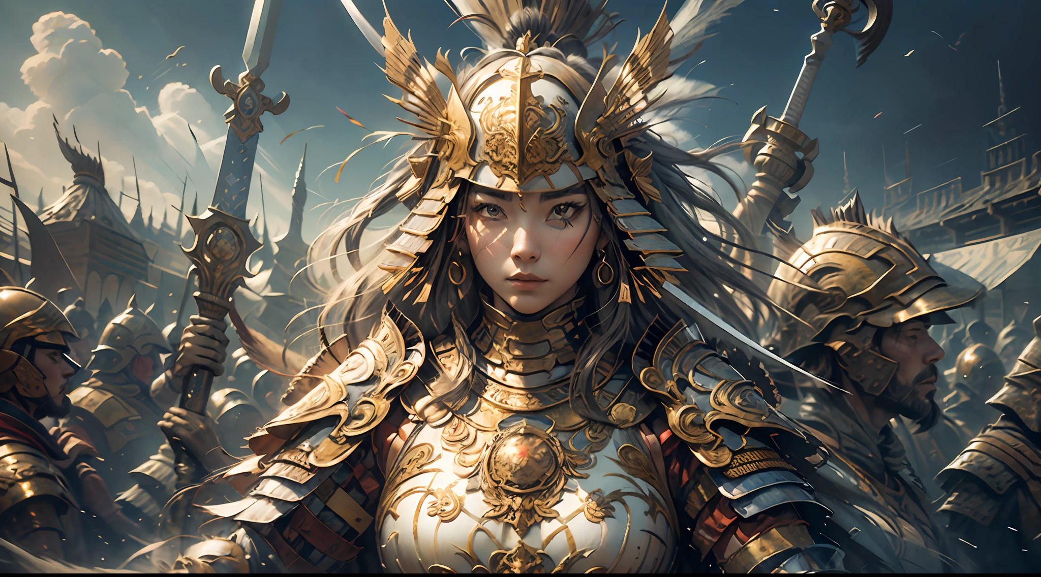 A young woman in armor and carrying a sword stands in front of the audience, large full breasts, (Perfect Body), (Masterpiece), In a very sexy pose, (The ultra-detailliert), (Hyper beautiful), (8K, Highly detailed CG illustrations), The sword is raised to the sky. The audience cheers
