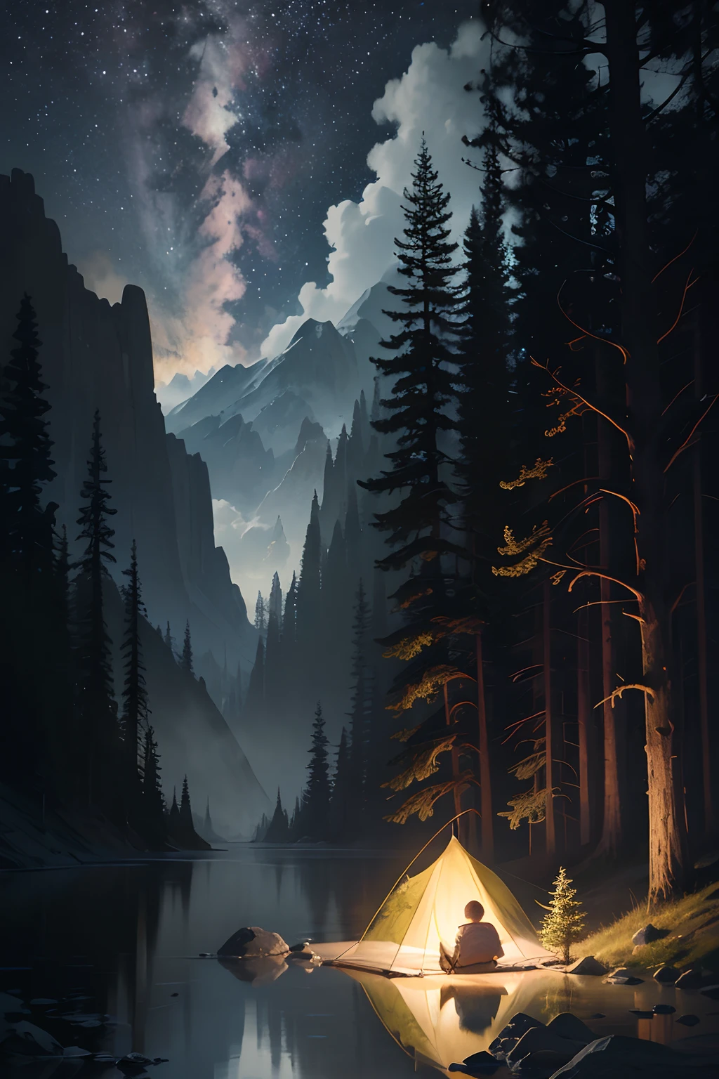 Masterpiece, Best quality, Ultra-detailed, illustration, 1 boy holding telephoto digital camera, Solo, Outdoors, camping, Night, Mountains, Nature, stars, Moon, bonfires, tenten, Long hair and clear green eyes, cheerful big breasts, cheerfulness, Backpack, sleeping bag, Camping stove, Water bottle, Mountain boots, mitts, Sweater, Hat, Flashlight, forest, Rocks, River, wood, Smoke, Shadows, Contrast, Clear sky, constellation, Milky Way, Peaceful, serene, Quiet, tranquil, Remote, secluded, Adventurous, exploration, escape, independence, Survival, resourcefulness, challenge, perseverance, endurance, endurance, Observation, intuition, Adaptability, creativity, imagination, Artistry, Inspiration, Beauty, in awe, Wonder, Gratitude, Appreciation, unwind, Enjoyment, rejuvenation,Super realistic,Mindfulness, Awareness, Connection, Harmony, balance, Texture, detail, Realism, Depth, Perspective, composition, Color, Light, black shadows, Reflection, refractions, Ton, Contrast, foreground, Middle ground, Background, Naturalistic, Figurative, representational, Realist expressionism, Innovative, Experimental, Unique