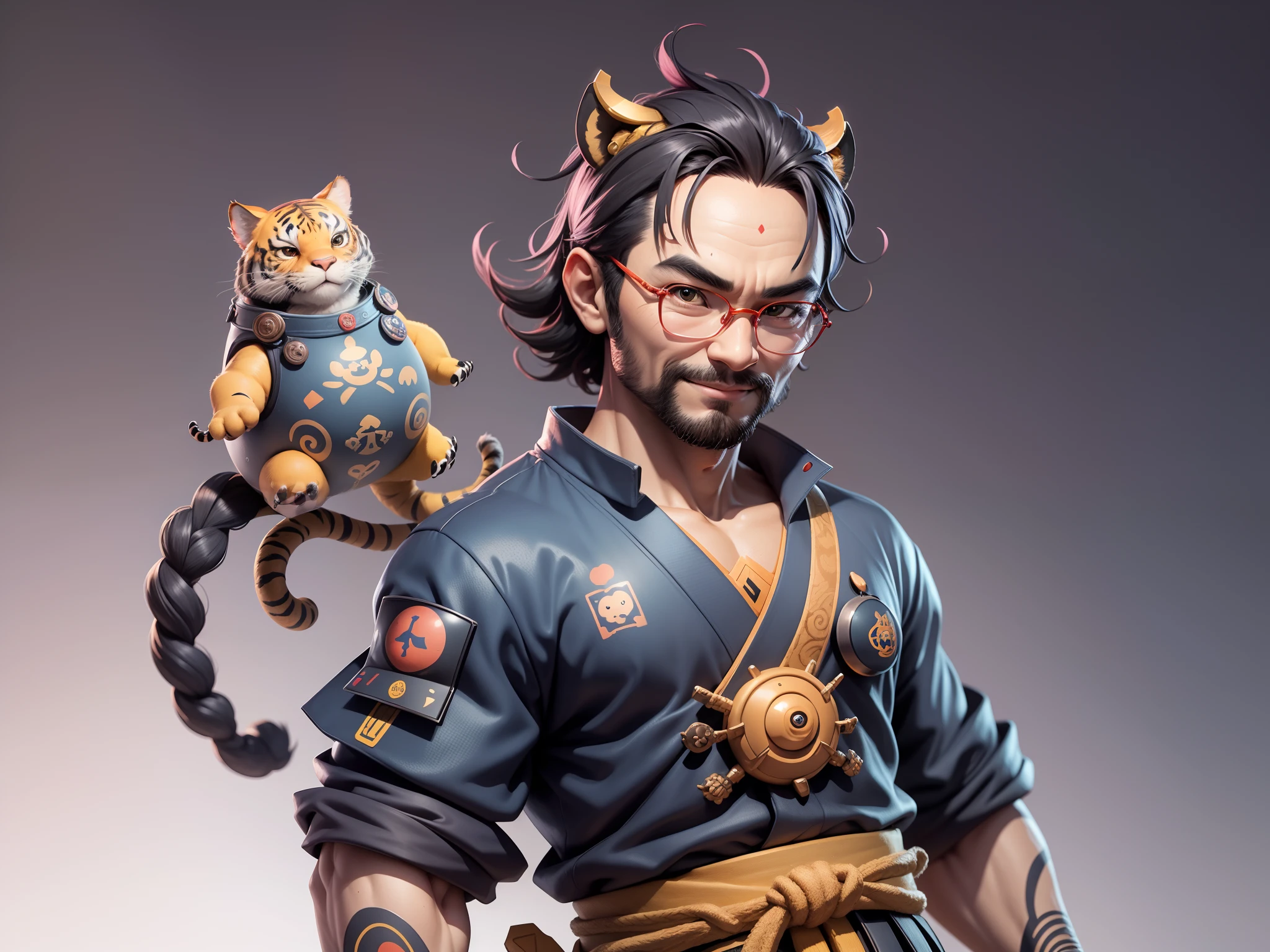 (Daisaku),(Need),(Super meticulous),(full bodyesbian:1.2),Super young man with Japanese geisha,Beautiful,orient,one tiger,Aeolian Thor,Raised sexy,爆乳,Oriental face,TV Anchor,Bust portrait illustration,In black suit,a blue tie,The face is slightly chubby,The face was clean,without a beard,Black super short hair,Black eyes,Smile confidently,3C computer sub-products,iPad, iphone,Digital painting,3D character design by Mark Clairen and Pixar and Hayao Miyazaki and Akira Toriyama,The illustration is a high-definition illustration in 4K resolution,With very detailed facial features and cartoon-style visuals。